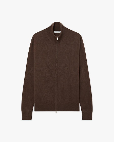 Mens' Classic Zip Cardigan - Brown Cashmere
