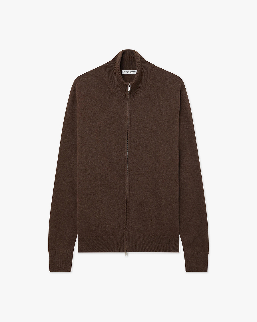 Mens' Classic Zip Cardigan - Brown Cashmere