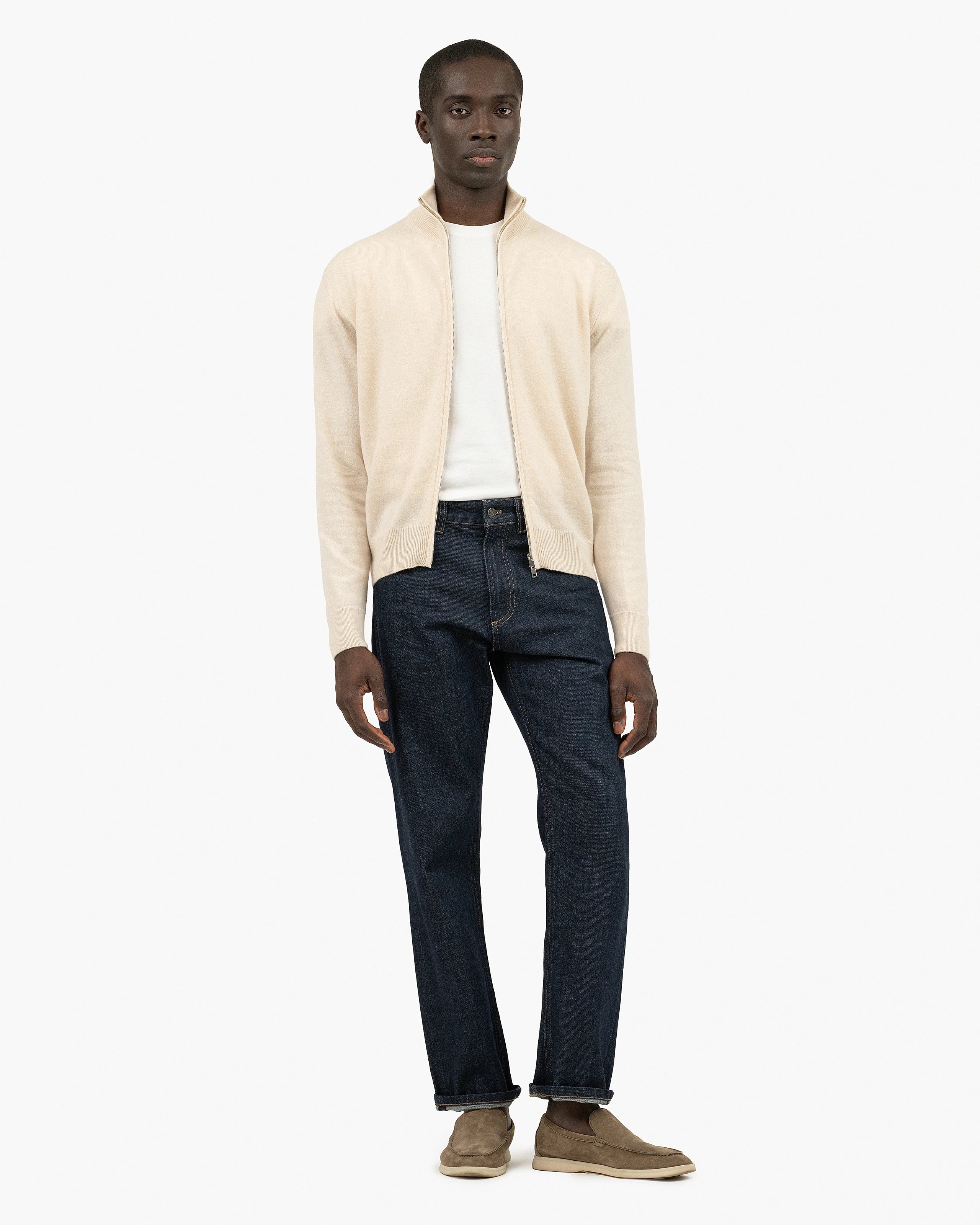 Mens' Classic Zip Cardigan - Light Beige Cashmere