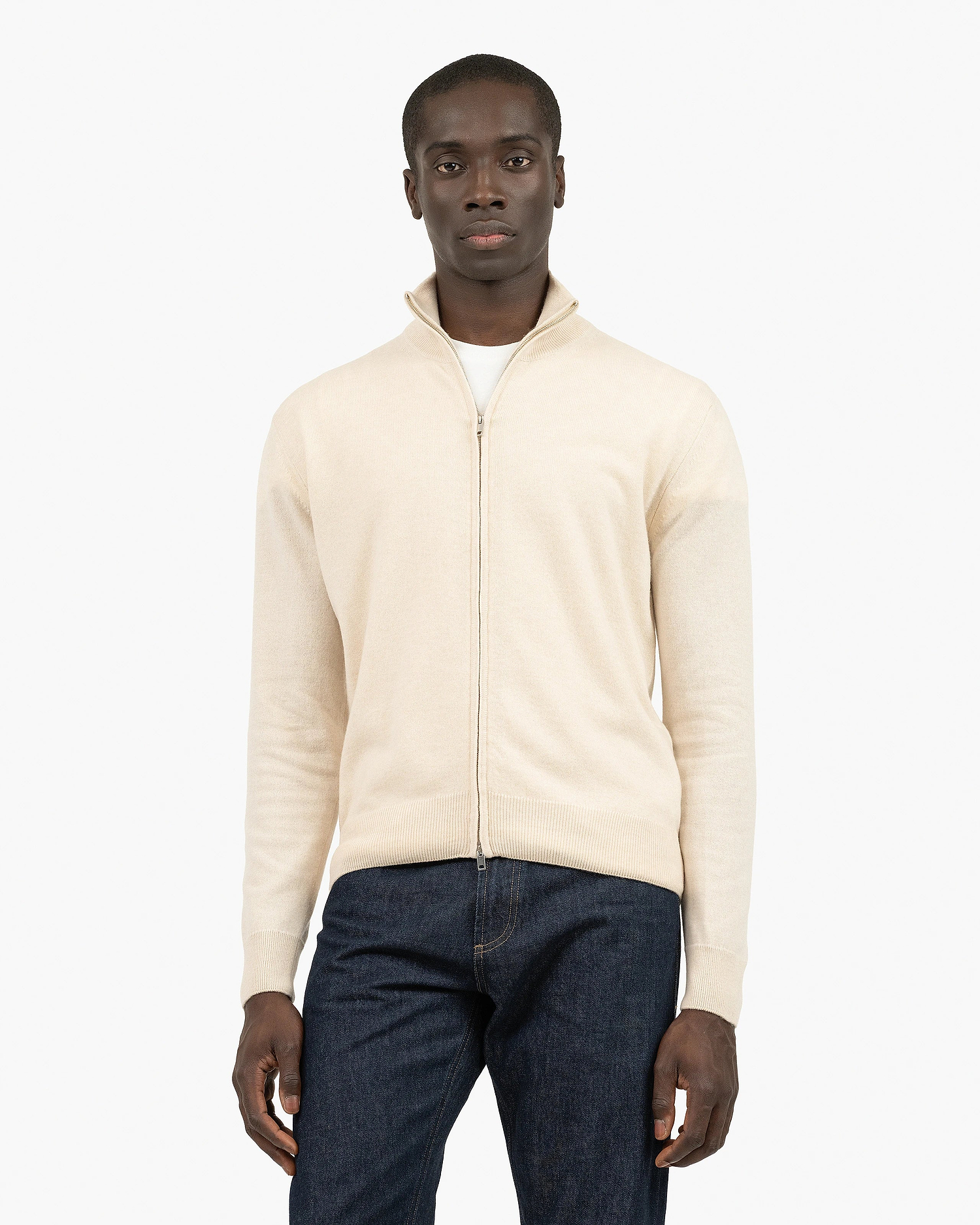 Mens' Classic Zip Cardigan - Light Beige Cashmere