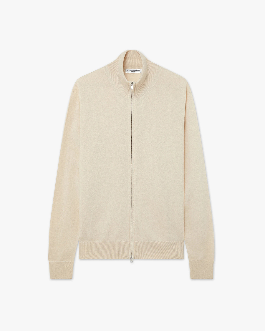 Mens' Classic Zip Cardigan - Light Beige Cashmere