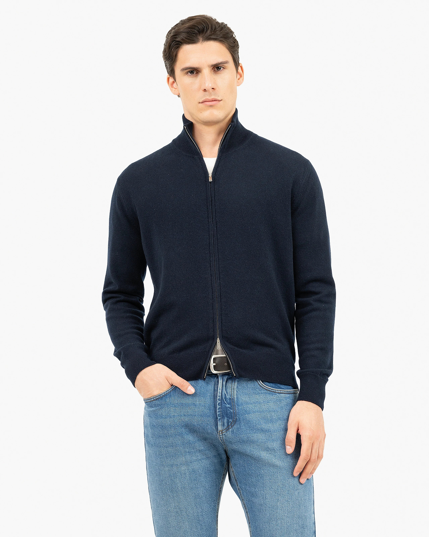 Mens' Classic Zip Cardigan - Night Blue Cashmere