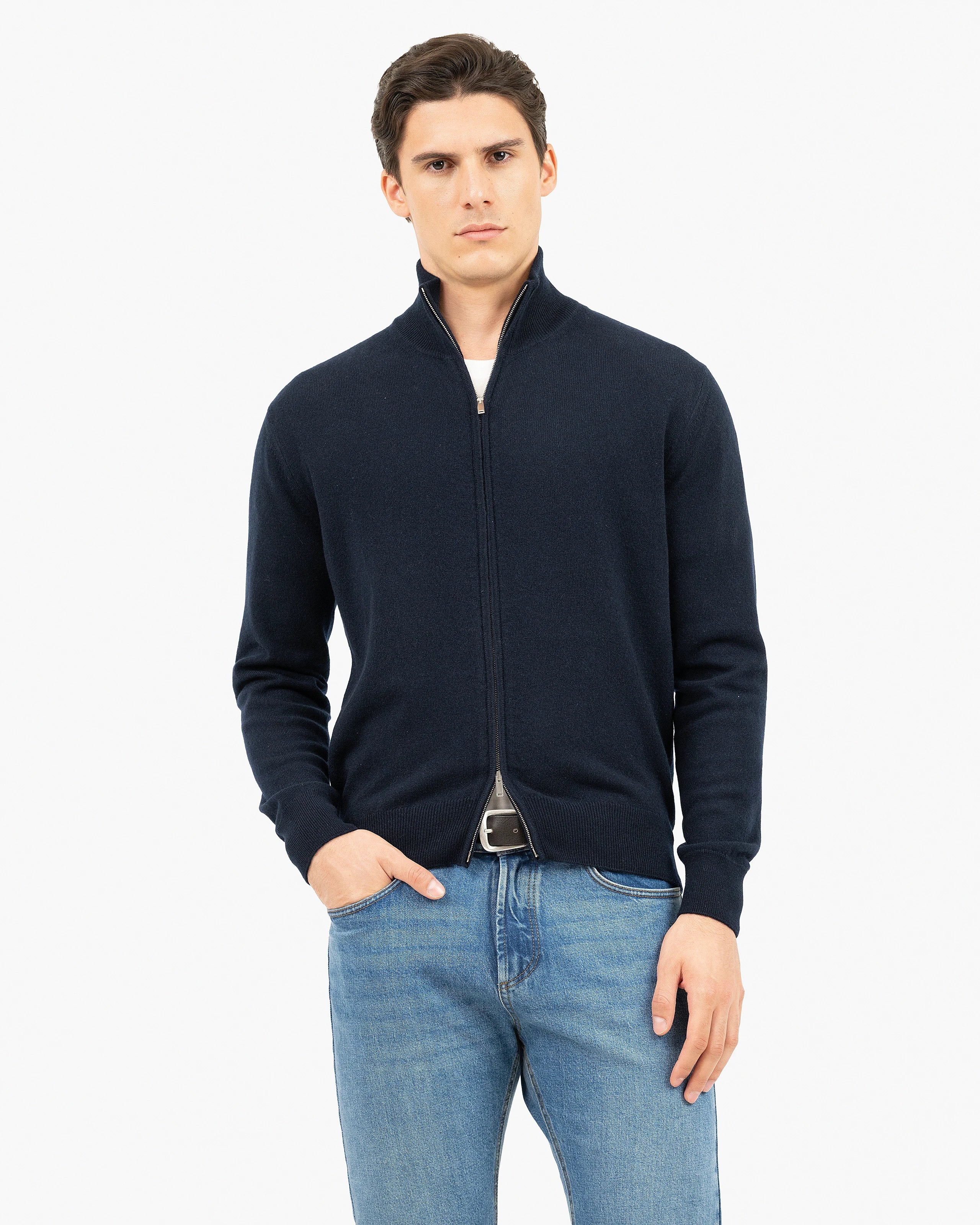 Mens' Classic Zip Cardigan - Night Blue Cashmere