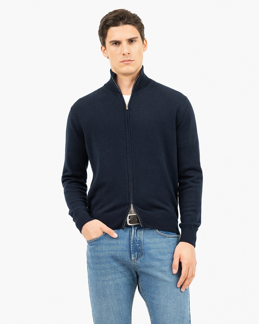 Mens' Classic Zip Cardigan - Night Blue Cashmere