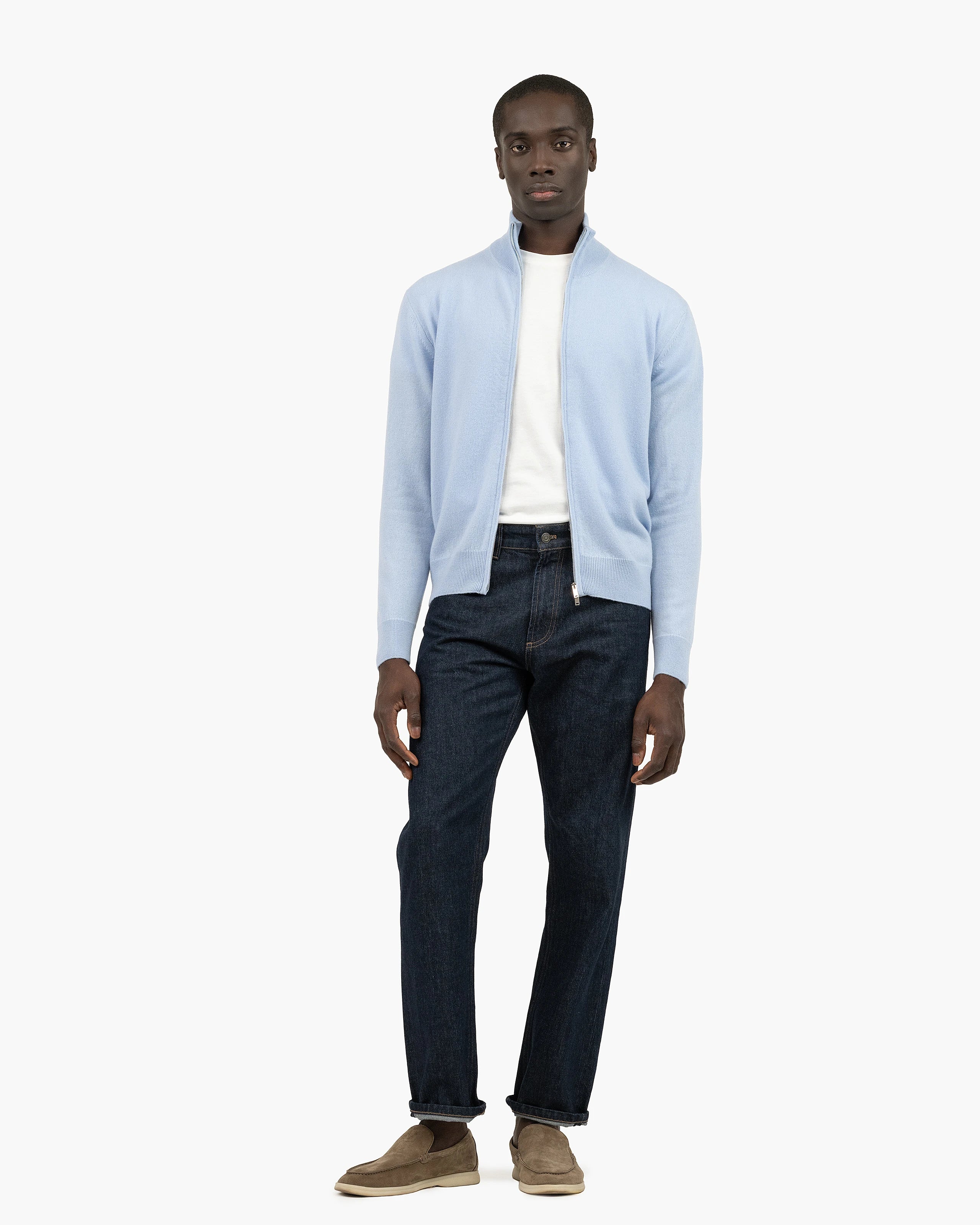 Men's Classic Zip Cashmere Cardigan - Light Blue | MaisonCashmere