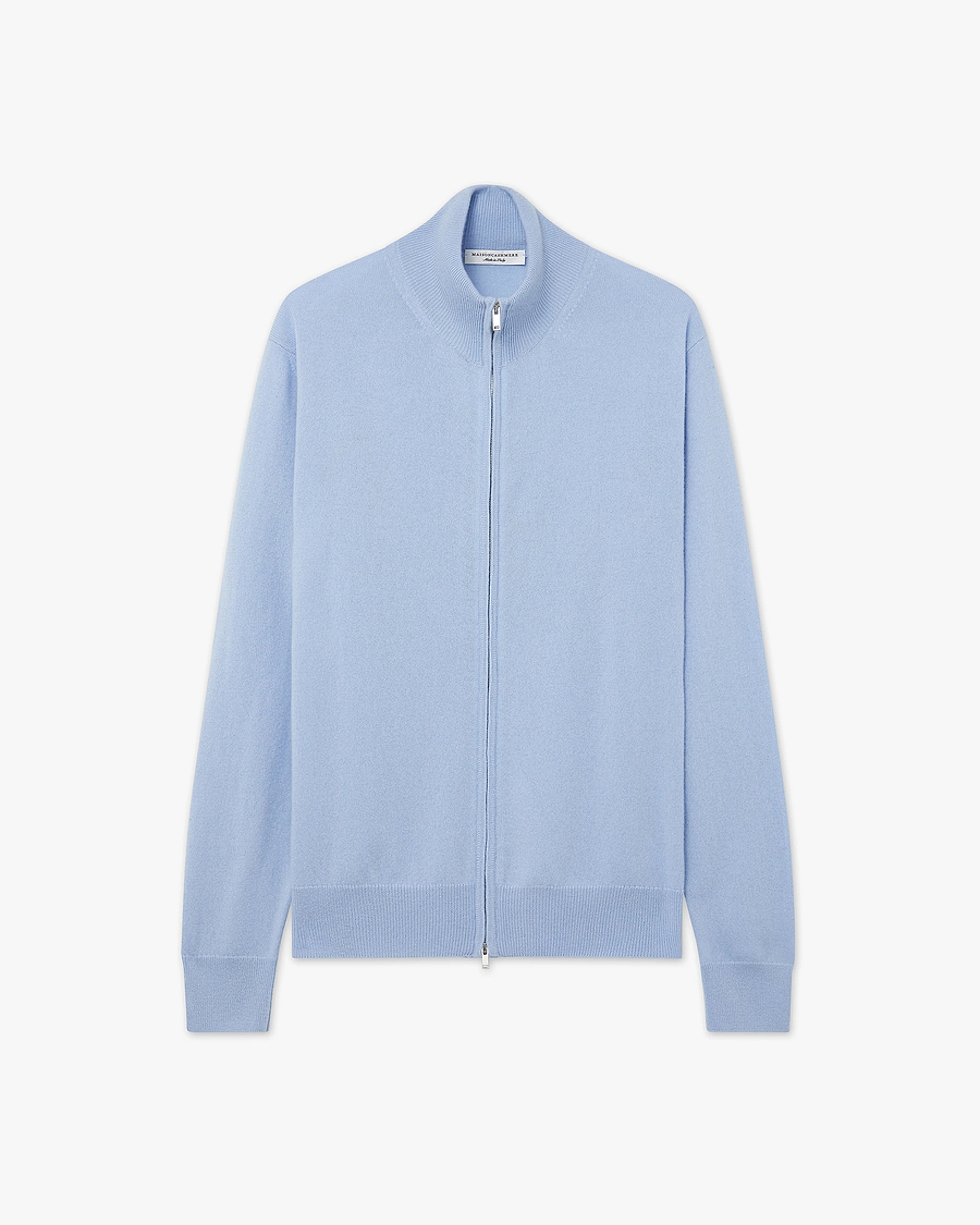Mens' Classic Zip Cardigan - Light Blue Cashmere