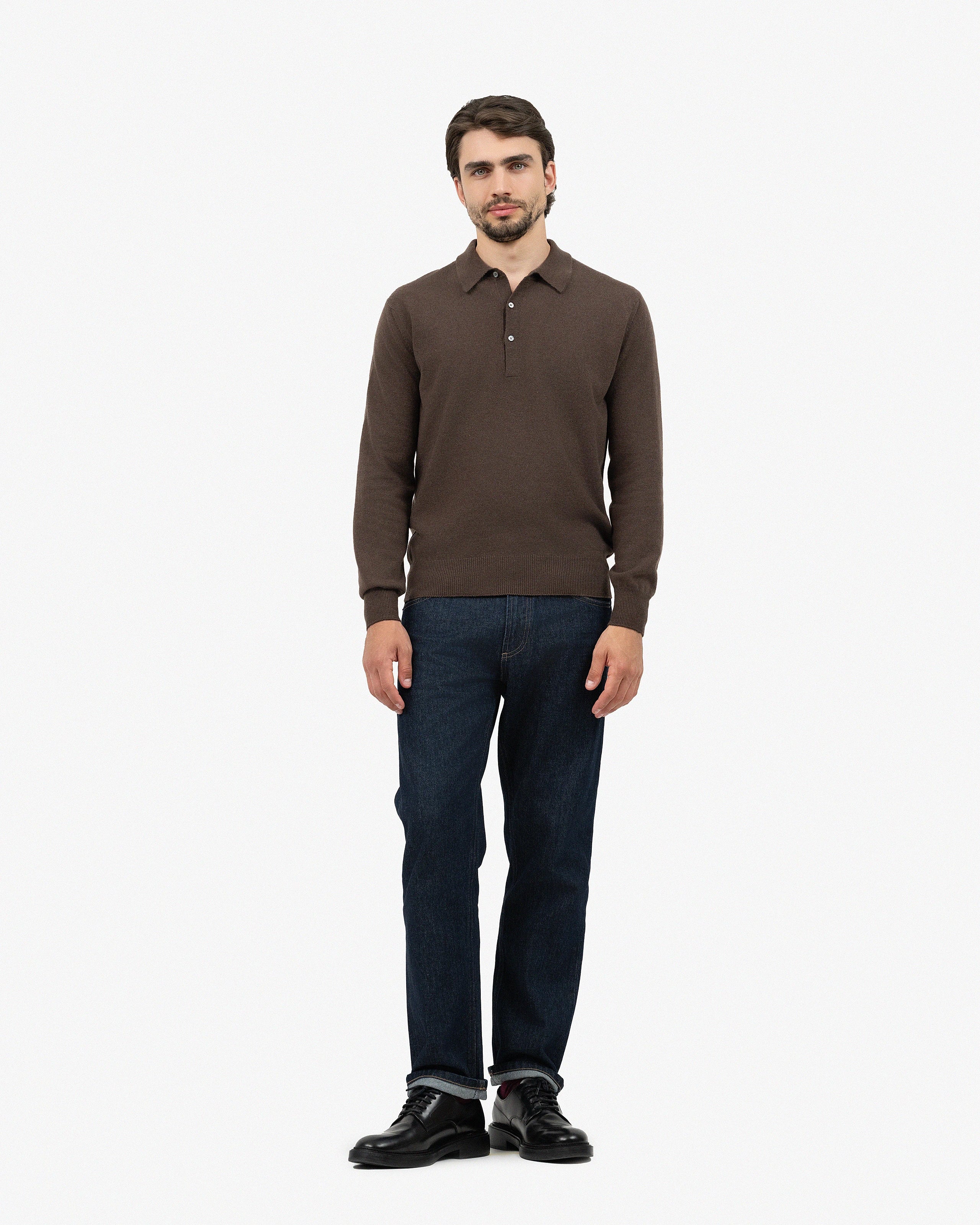 Men's Classic Polo Sweater - Brown Cashmere