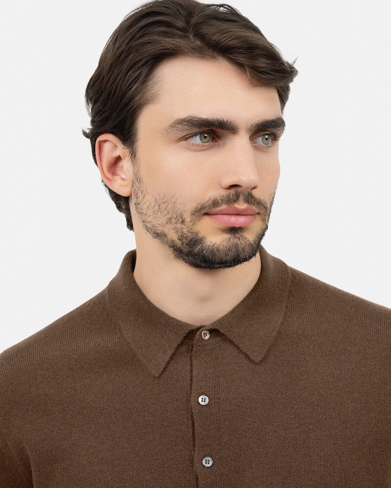 Men's Classic Polo Sweater - Brown - Cashmere Men's Classic Polo Sweater - Brown - Cashmere