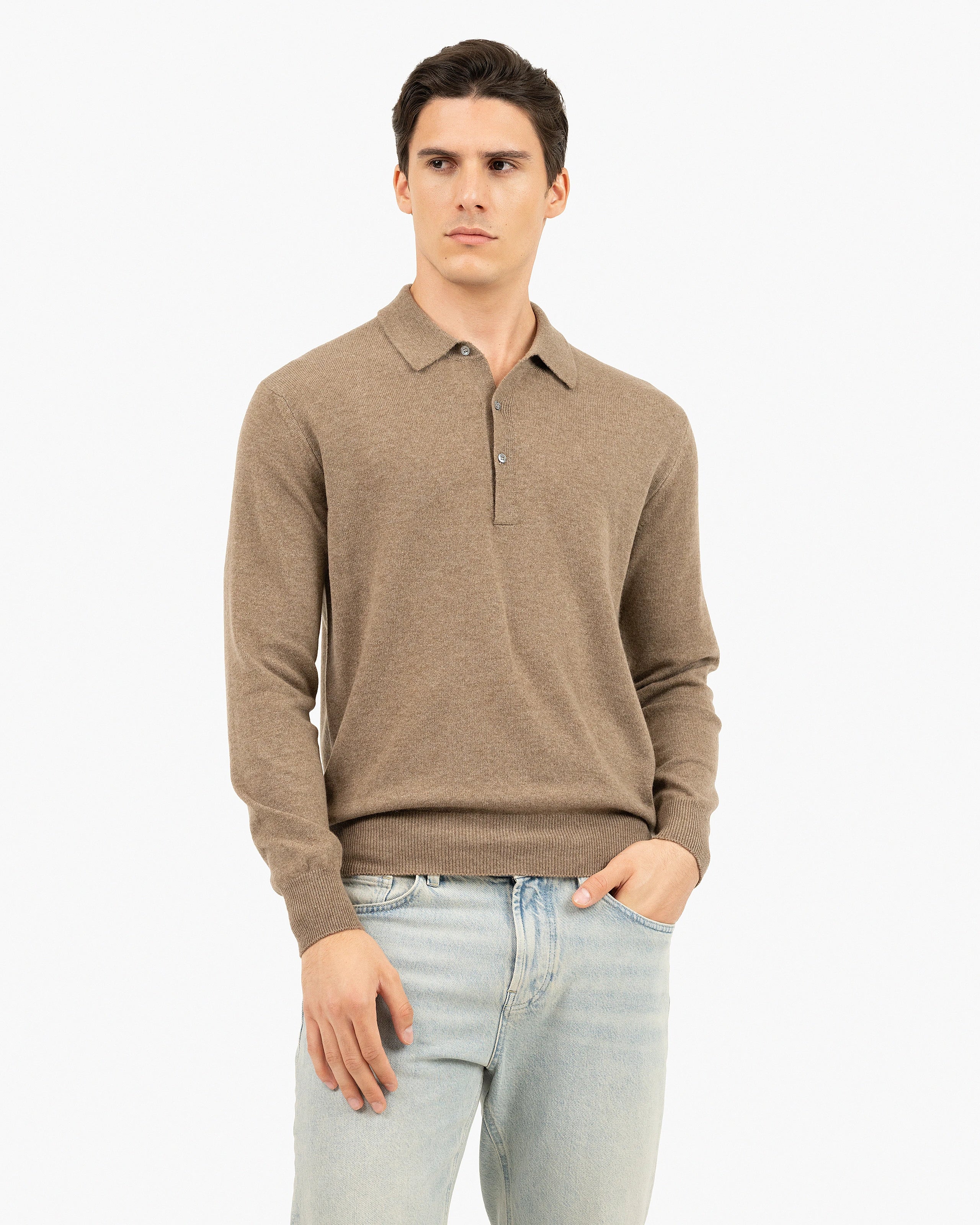 Men's Classic Polo Sweater - Light Brown Cashmere