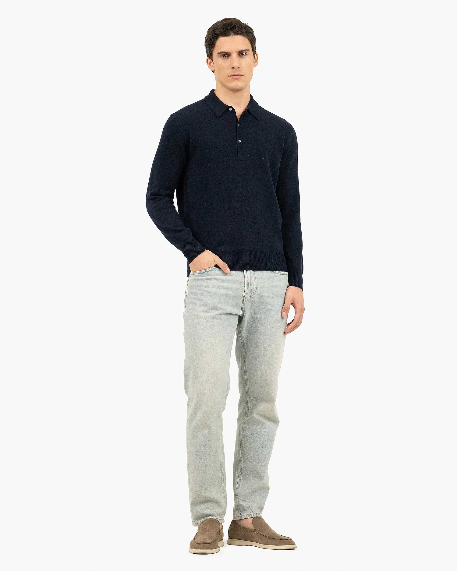 Men's Classic Polo Sweater - Night Blue - Cashmere - Made in Italy Men's Classic Polo Sweater - Night Blue - Cashmere - Made in Italy