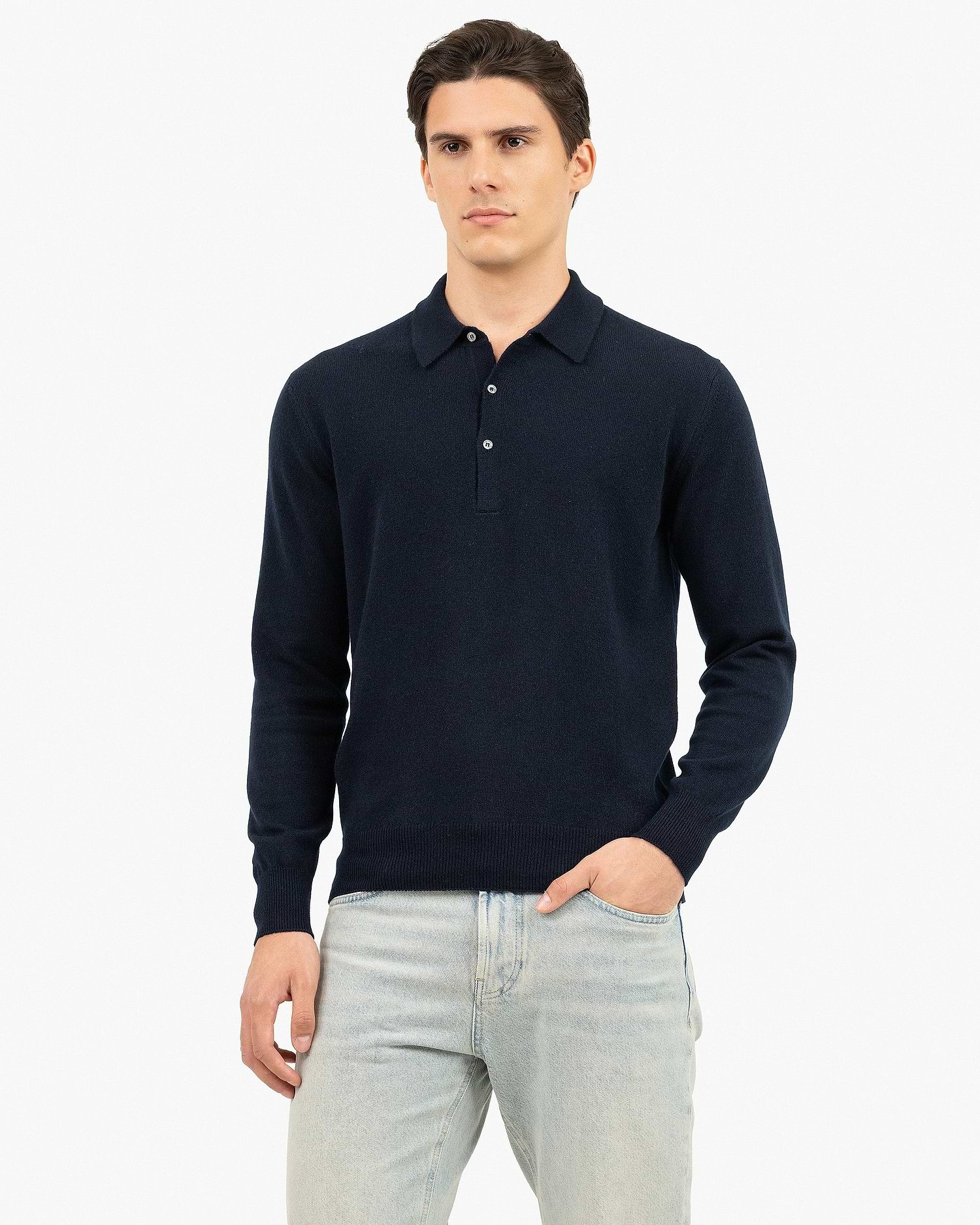 Men's Classic Polo Sweater - Night Blue - Cashmere - Made in Italy Men's Classic Polo Sweater - Night Blue - Cashmere - Made in Italy