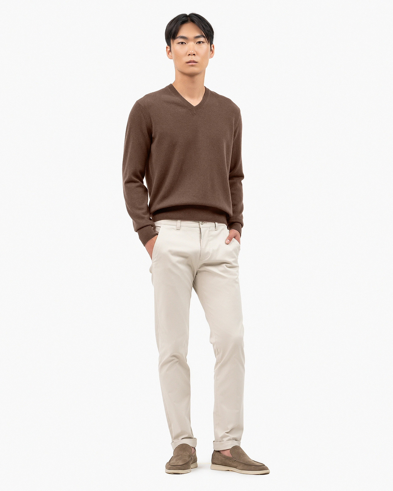 Men's Classic Cashmere V-Neck Sweater - Brown | MaisonCashmere