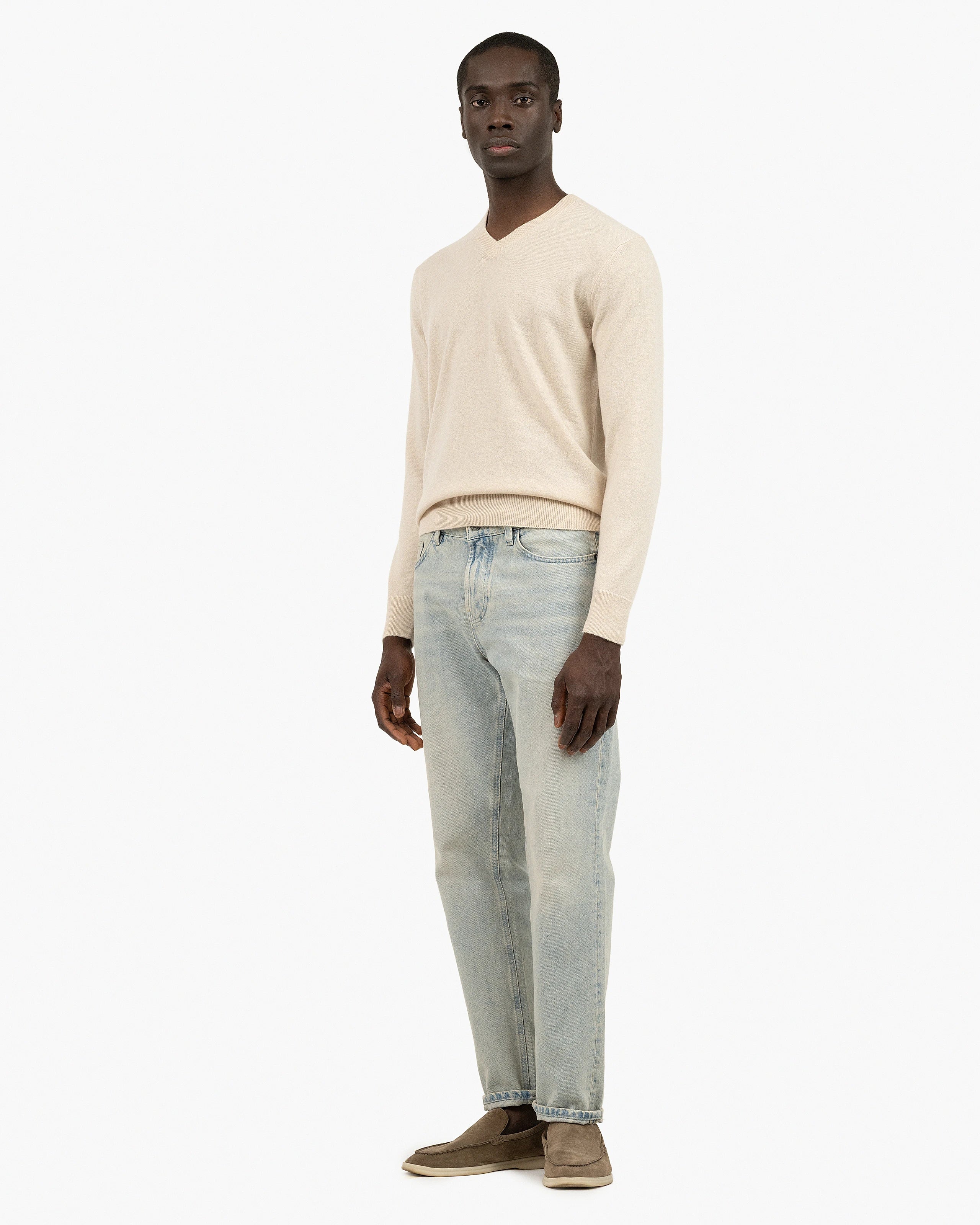 Men's Classic V-Neck Sweater - Light Beige Cashmere