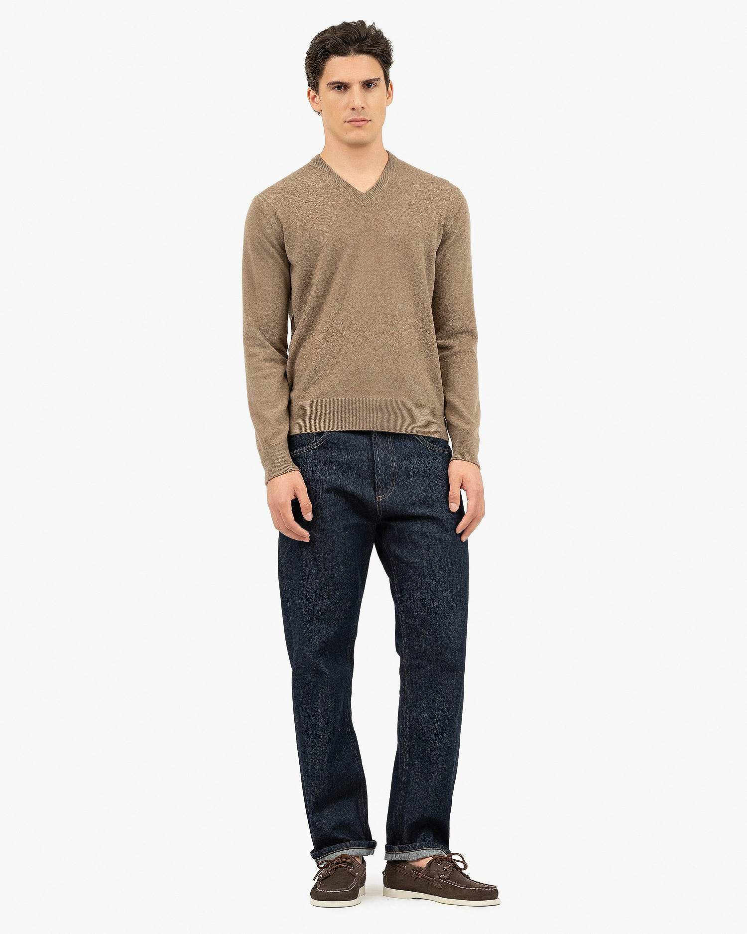 Men's Classic V-Neck Sweater - Light Brown Cashmere