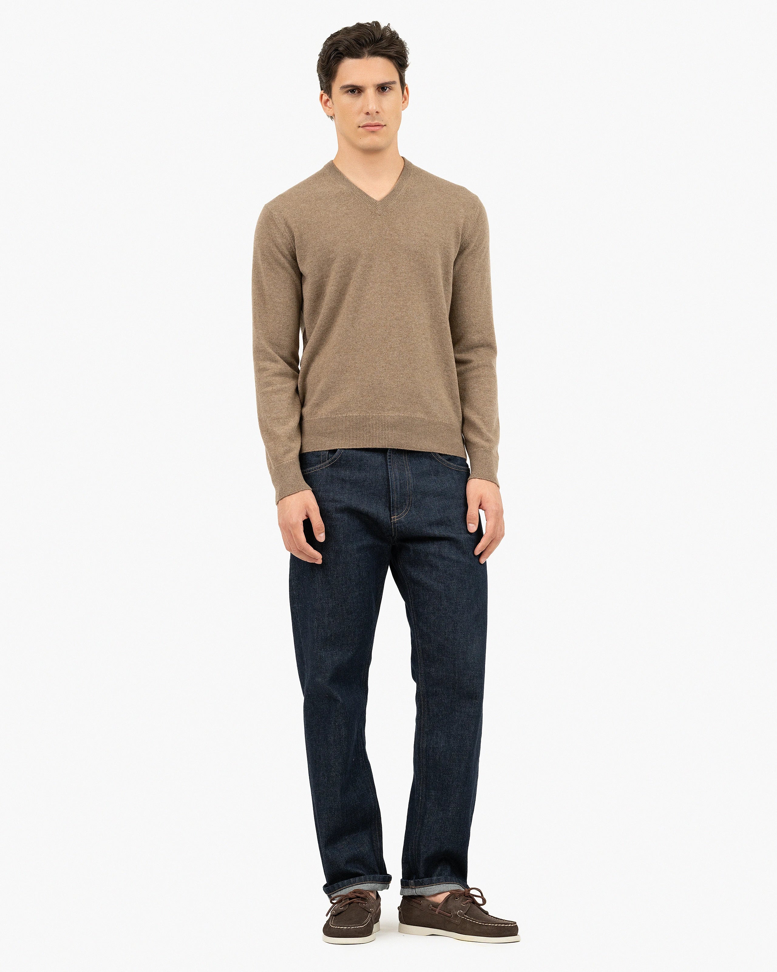 Men's Classic V-Neck Sweater - Light Brown Cashmere