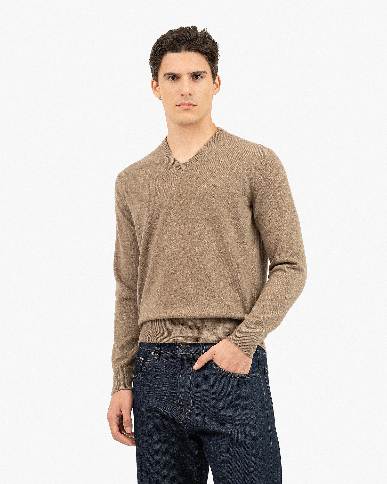 Men's Classic V-Neck Sweater - Light Brown Cashmere