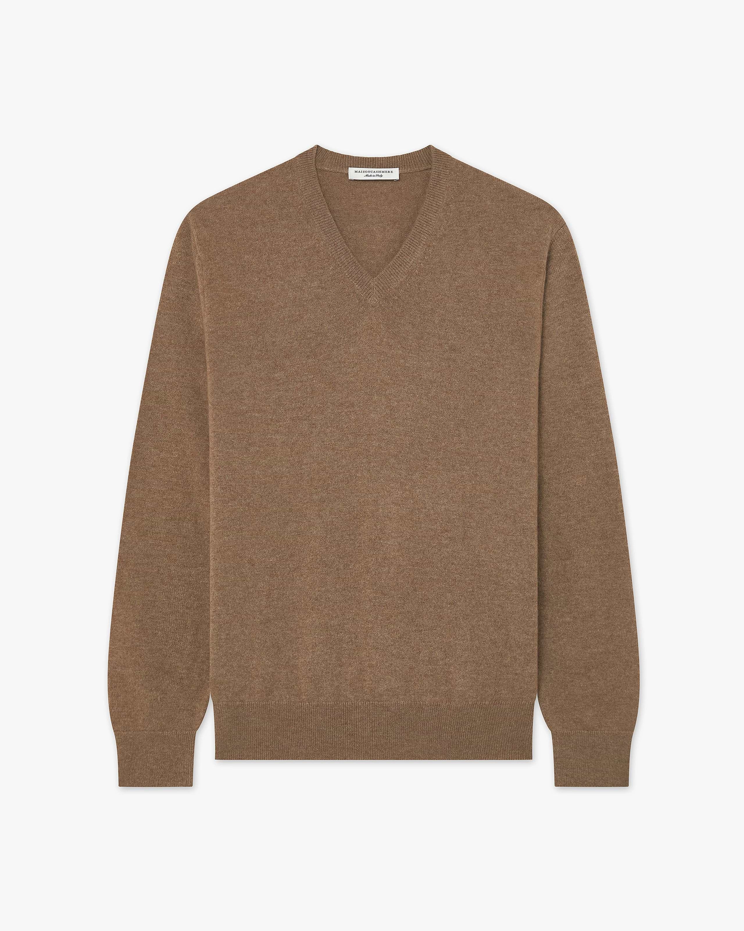 Men's Classic Cashmere V-Neck Sweater - Light Brown | MaisonCashmere Men's Classic Cashmere V-Neck Sweater - Light Brown | MaisonCashmere