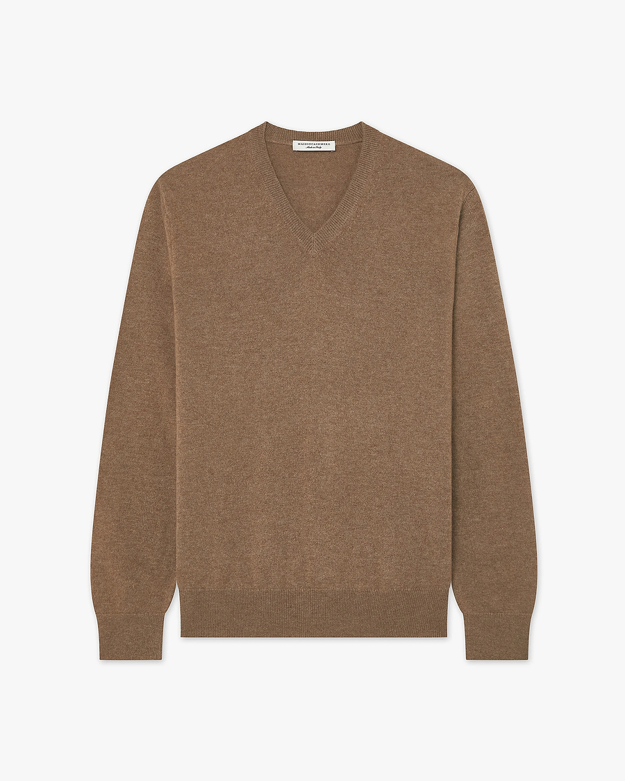 Men's Classic V-Neck Sweater - Light Brown Cashmere