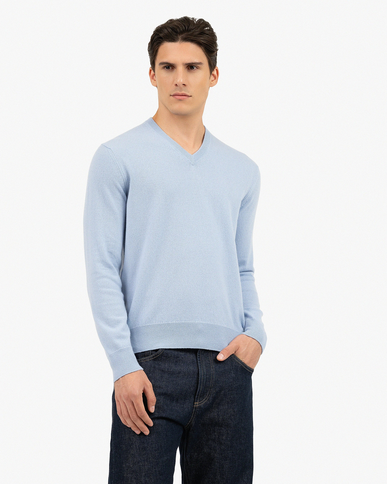 Men's Classic V-Neck Sweater - Light Blue Cashmere
