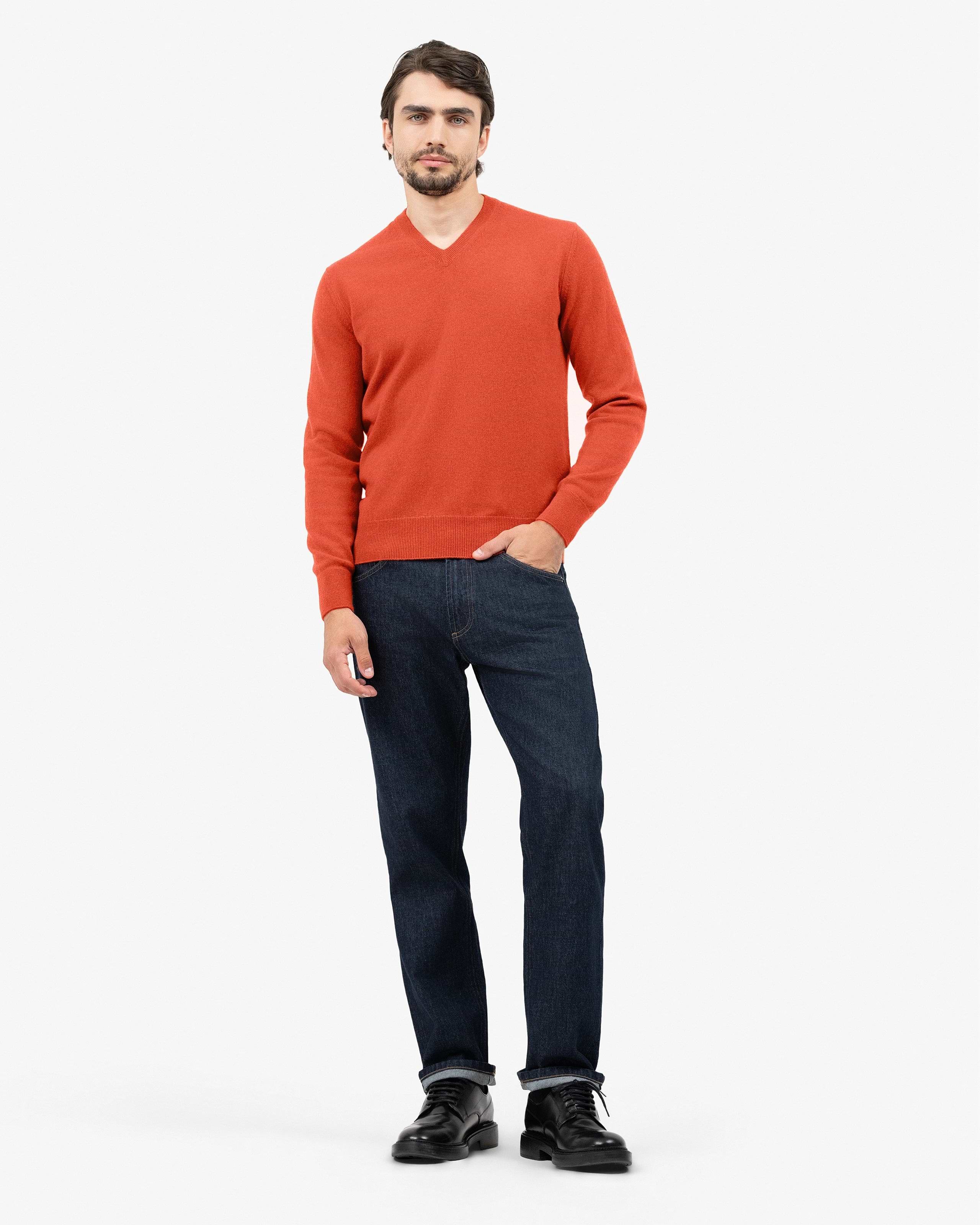 Men's Classic V-Neck Sweater - Brick Red - Cashmere Men's Classic V-Neck Sweater - Brick Red - Cashmere