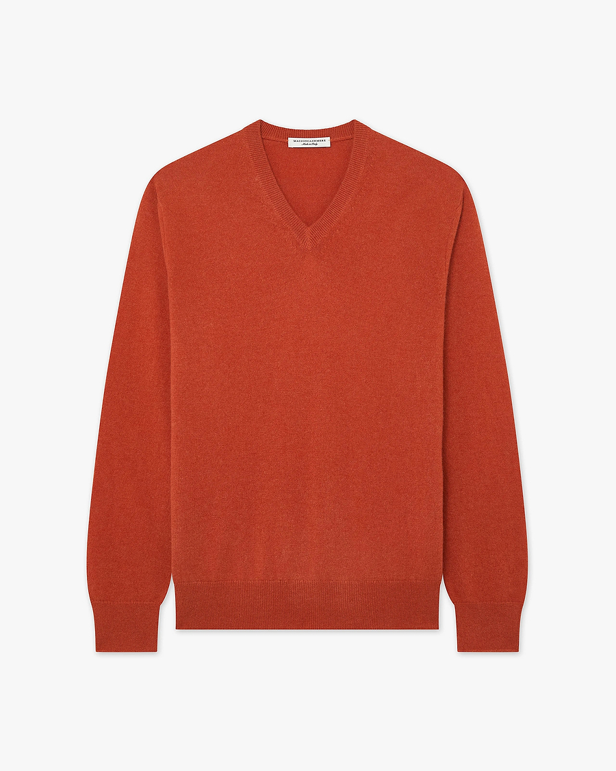 Men's Classic V-Neck Sweater - Brick Red Cashmere