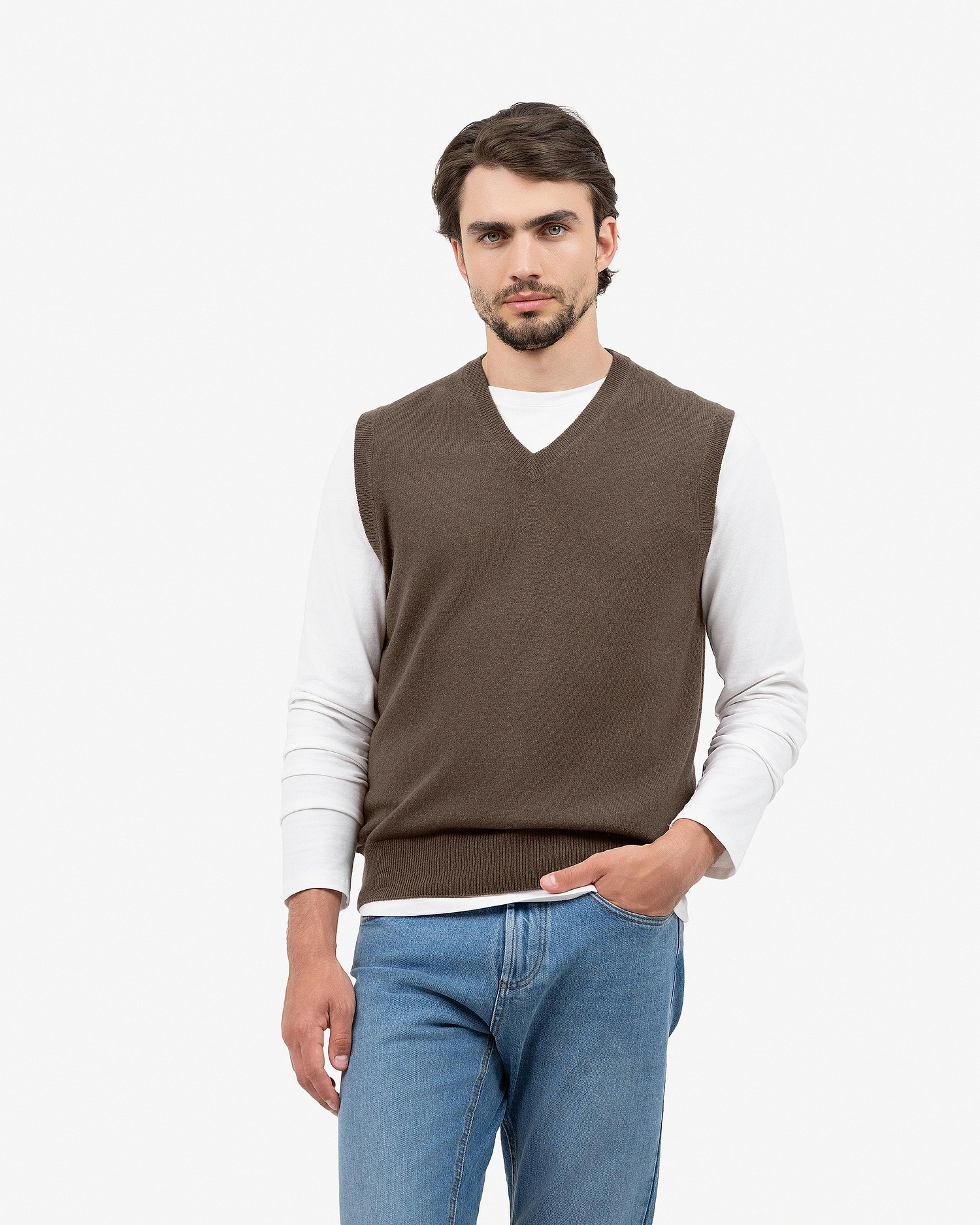 Men's Classic V-Neck Vest - Brown Cashmere