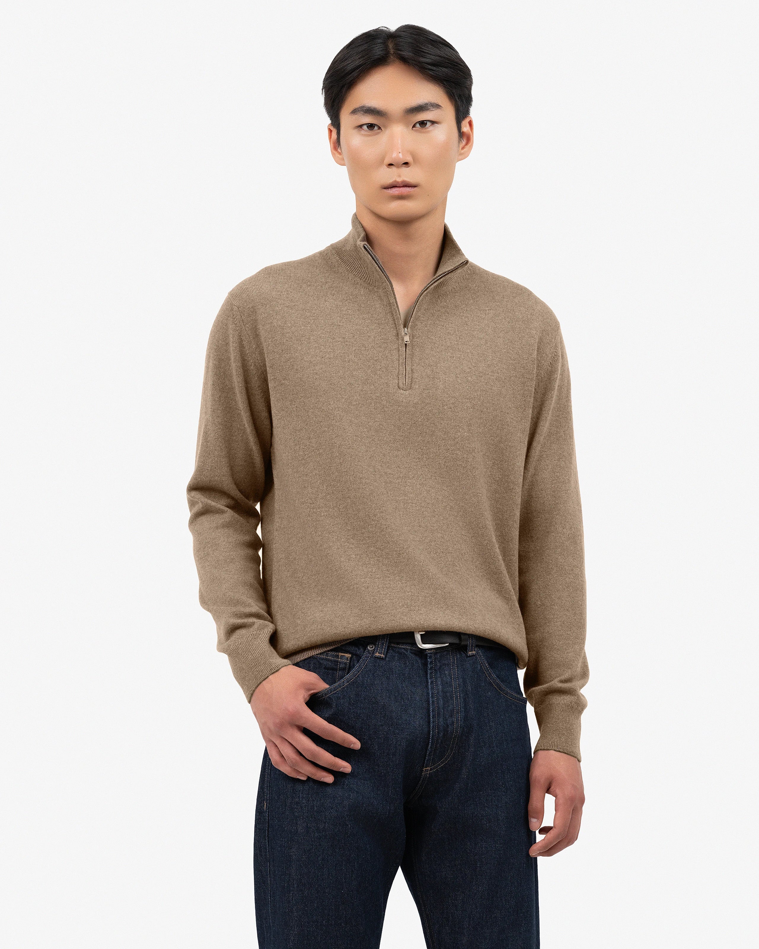 Men's Cashmere Half-Zip Mock Neck Jumper - Light Brown