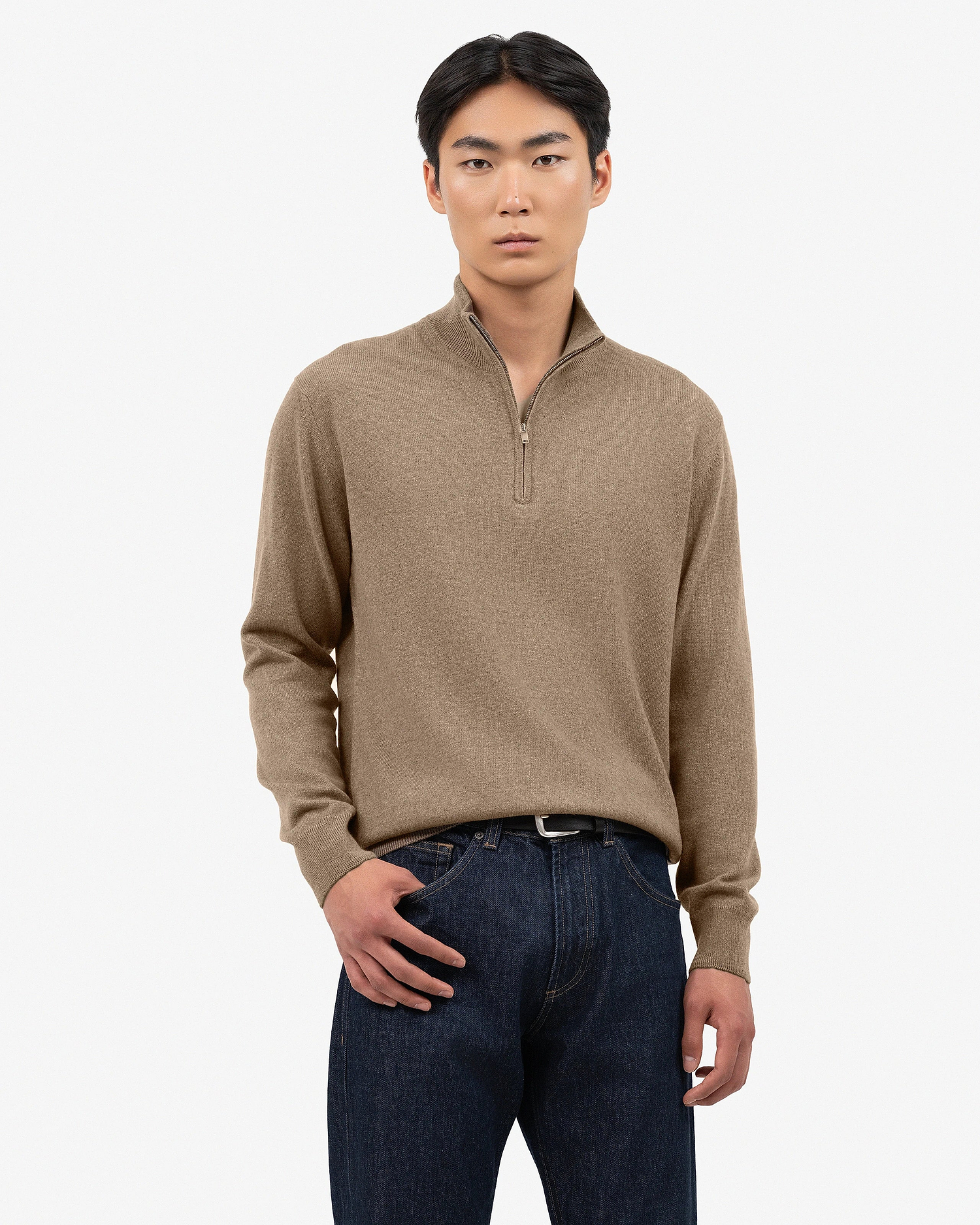 Men's Classic Half-Zip Mock Neck - Light Brown Cashmere