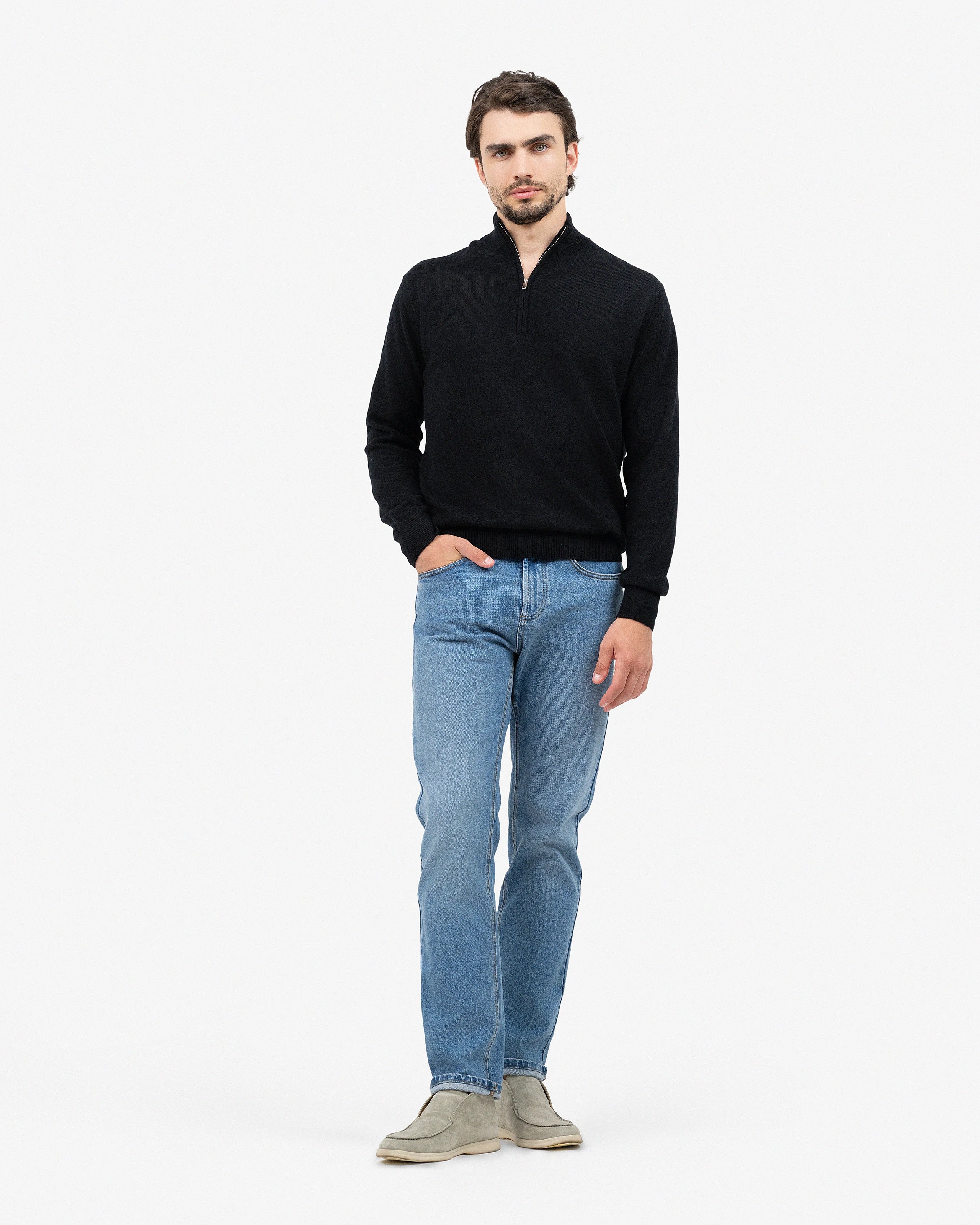 Men's Cashmere Quarter-Zip Sweater - Black | MaisonCashmere