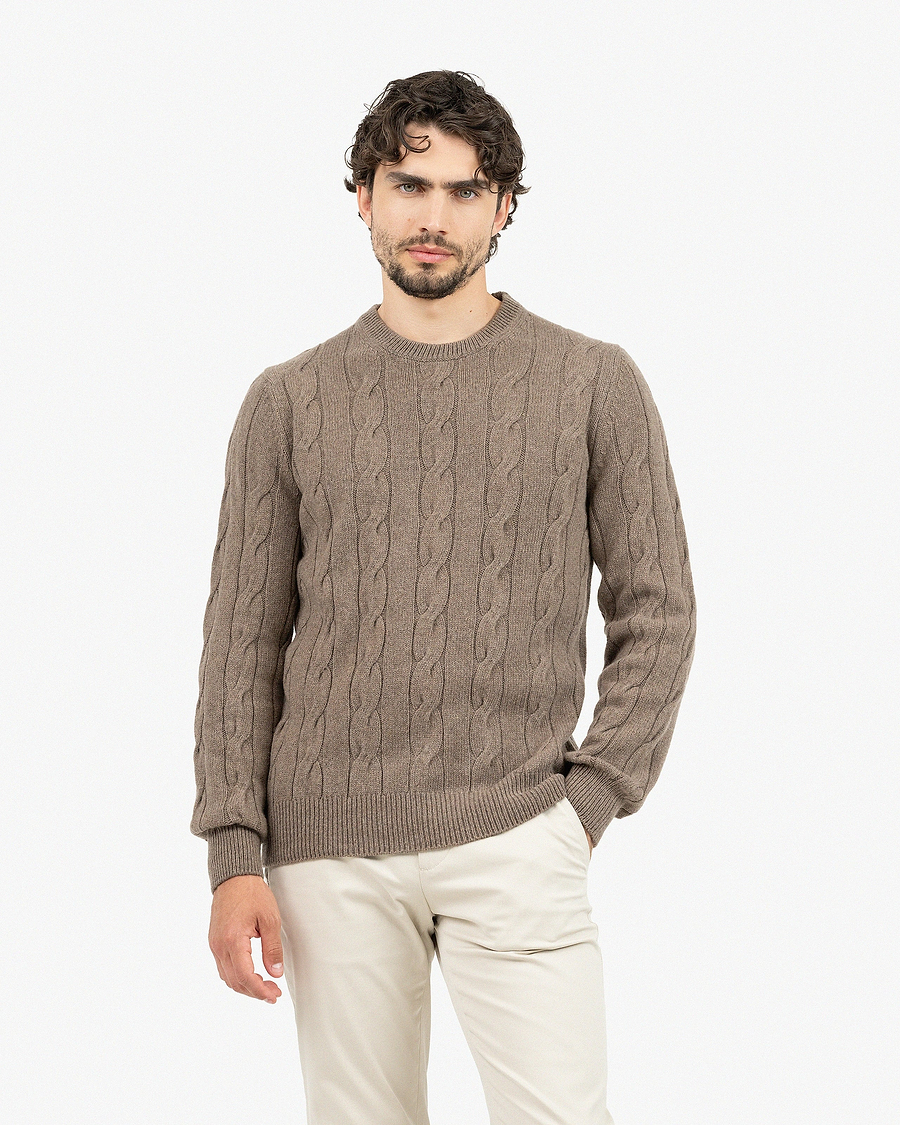Men's Faloria Cable Crew Neck - Brown Cashmere