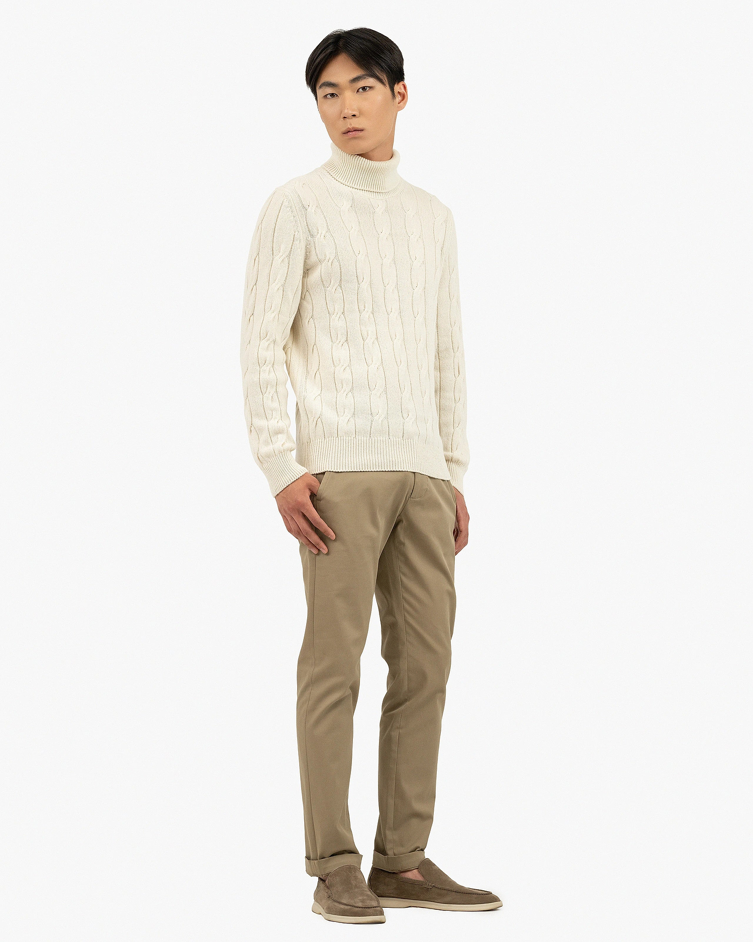 Men's Faloria Cable Turtleneck - White Cashmere