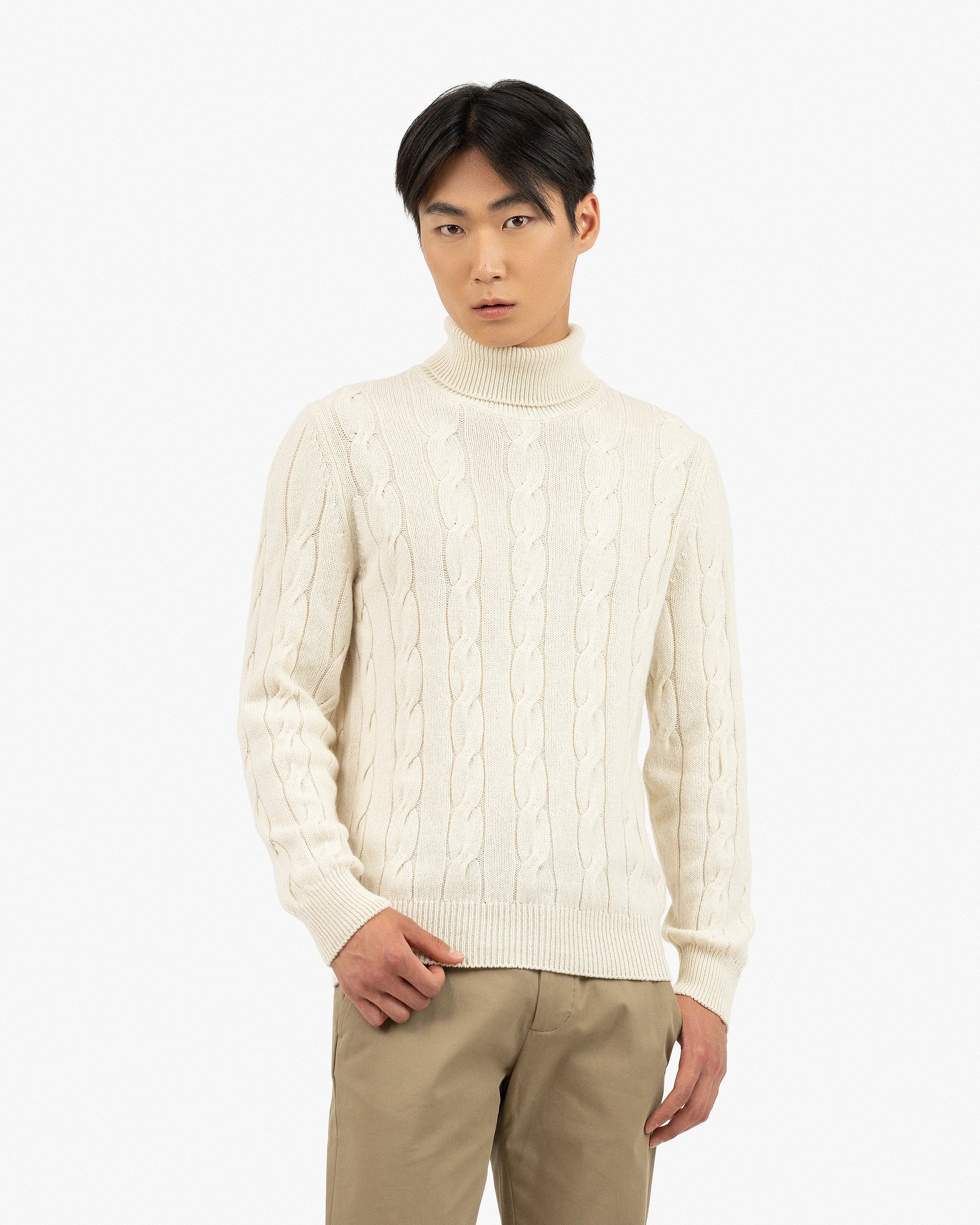 Men's Faloria Cable Turtleneck - White Cashmere