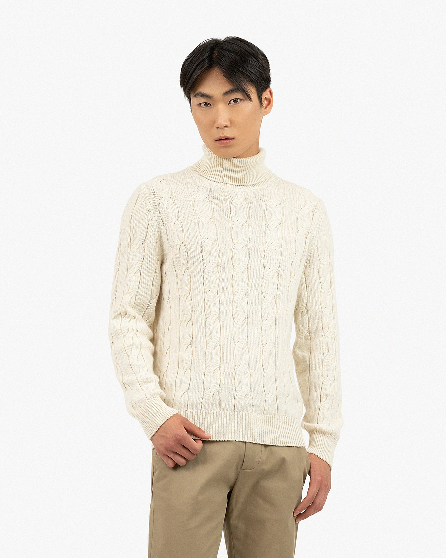 Men's Faloria Cable Turtleneck - White Cashmere