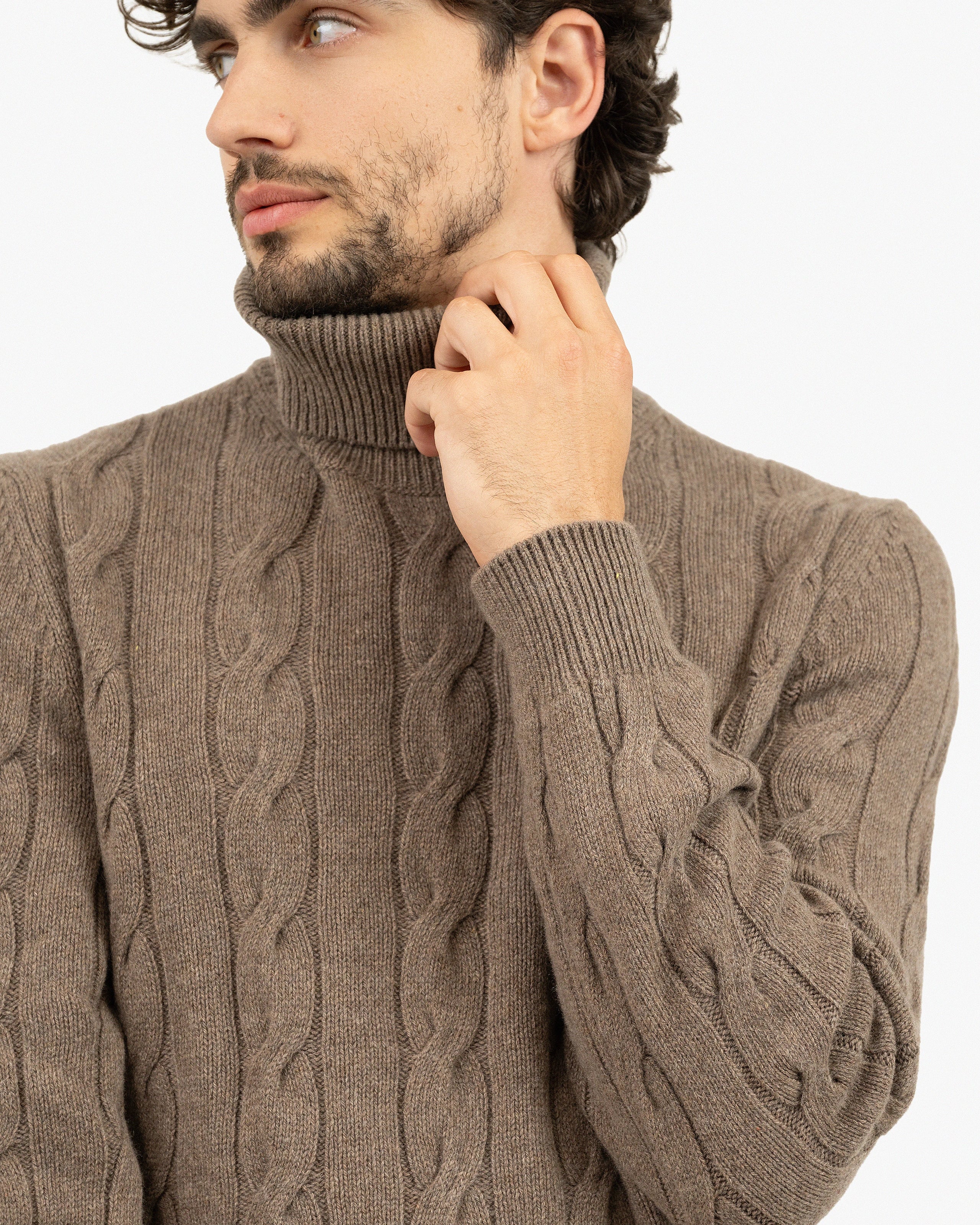 Men's Faloria Cable Turtleneck - Brown Cashmere