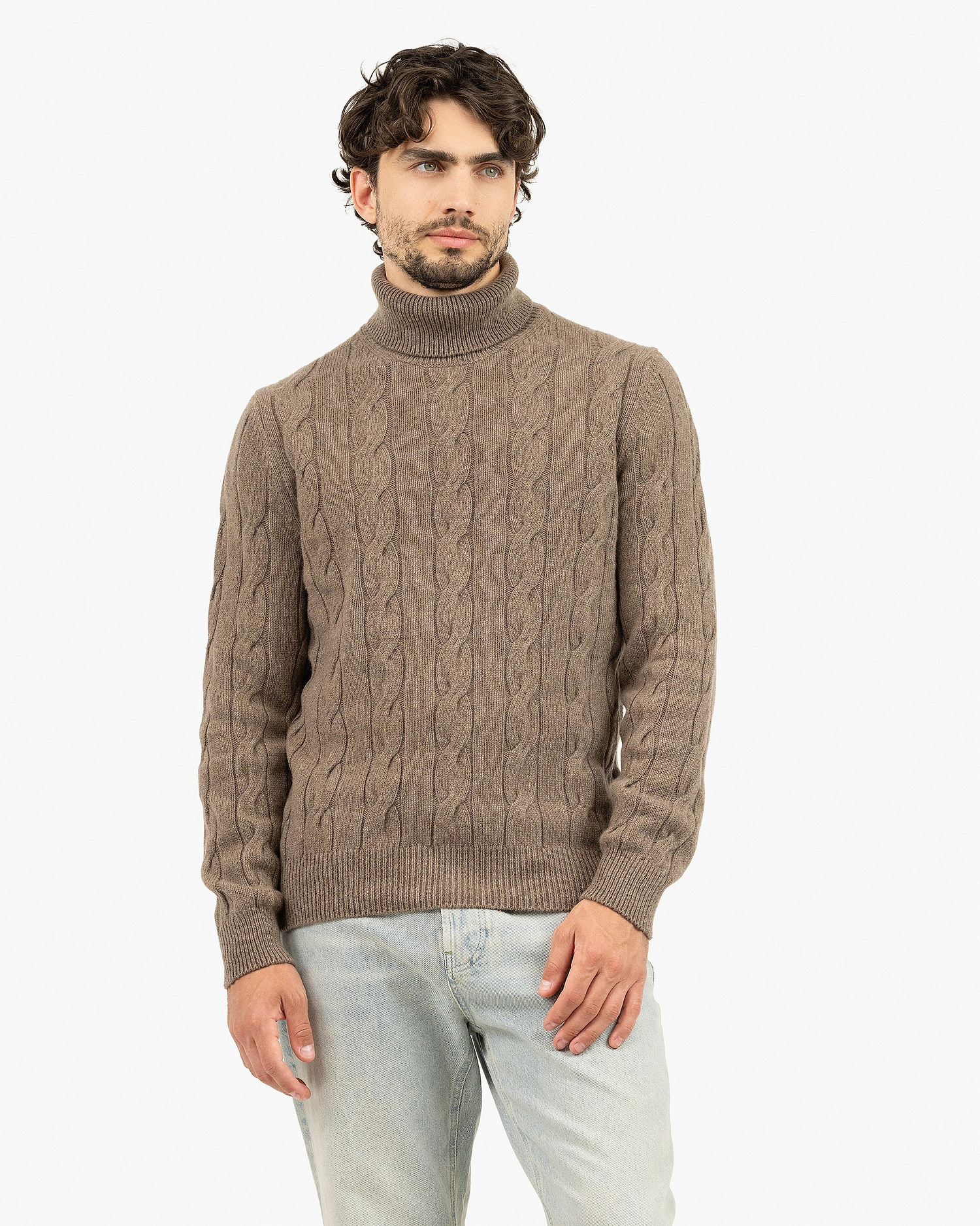 Men's Faloria Cable Turtleneck - Brown Cashmere