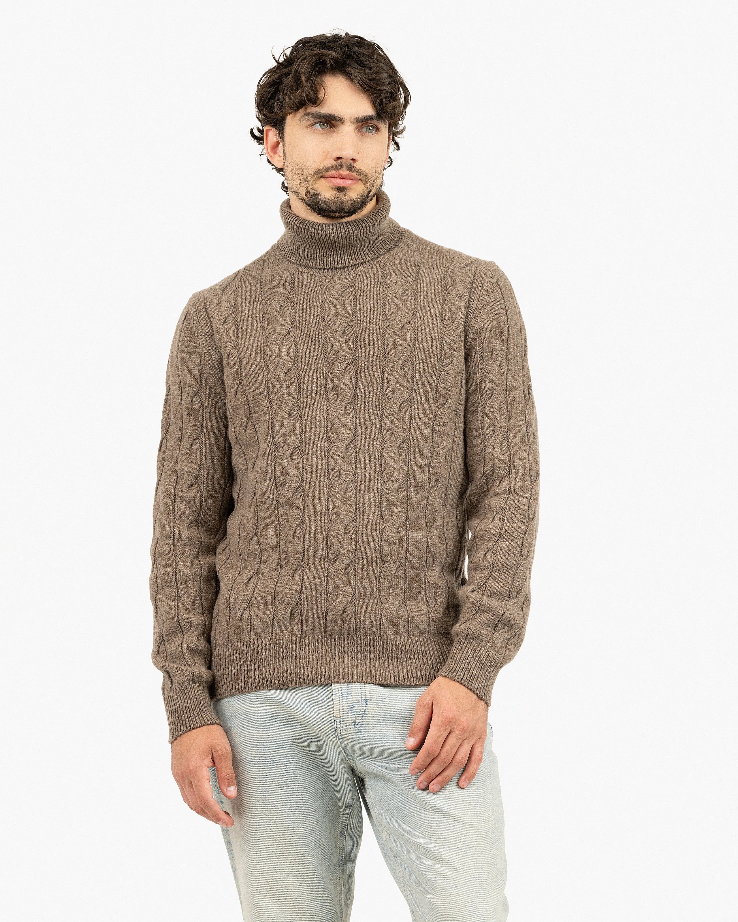 Men's Faloria Cable Turtleneck - Brown Cashmere
