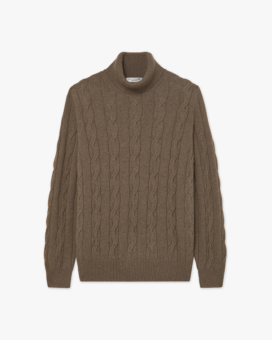 Men's Faloria Cable Turtleneck - Brown Cashmere