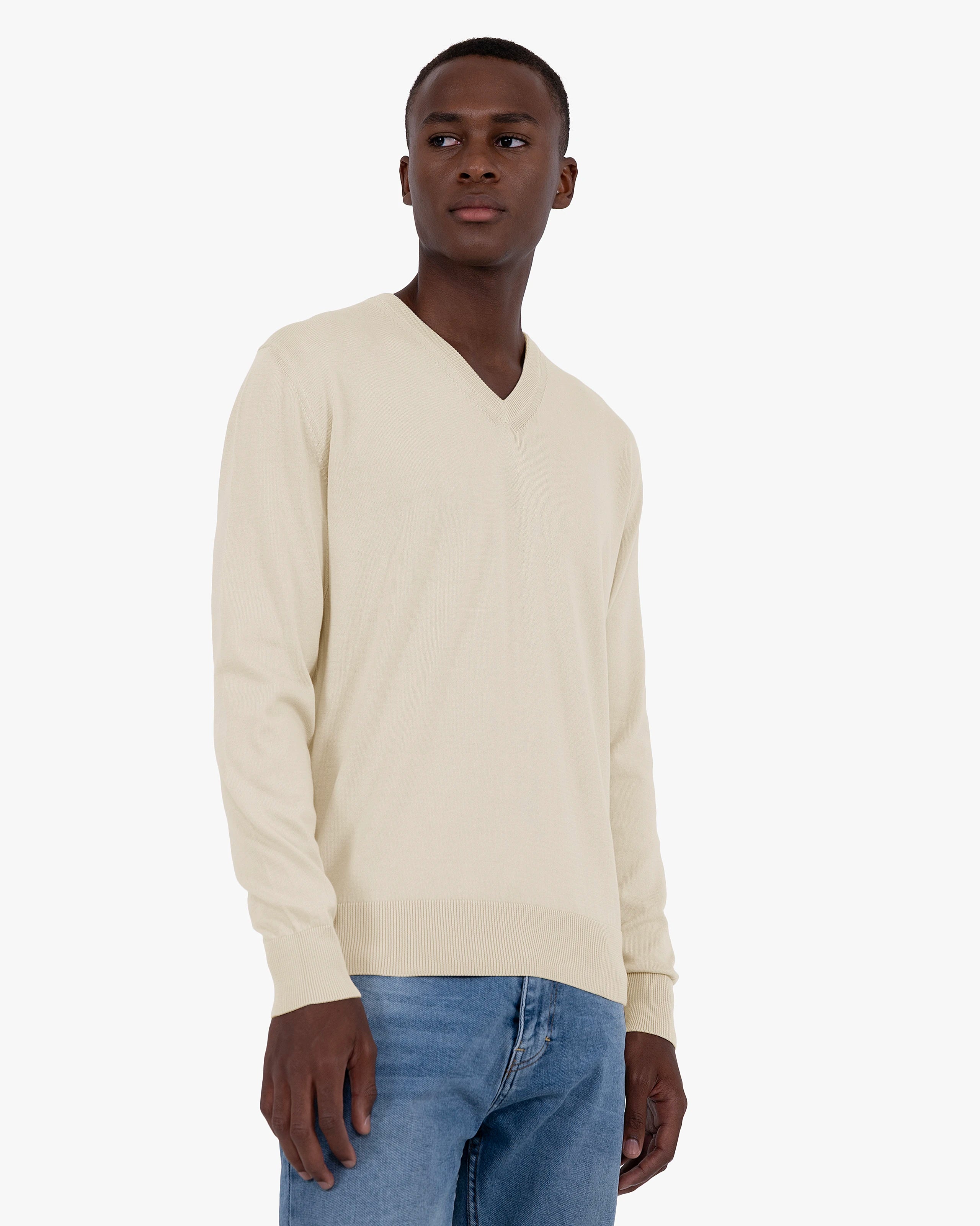 Men's Giza V-Neck Sweater - Beige Cotone