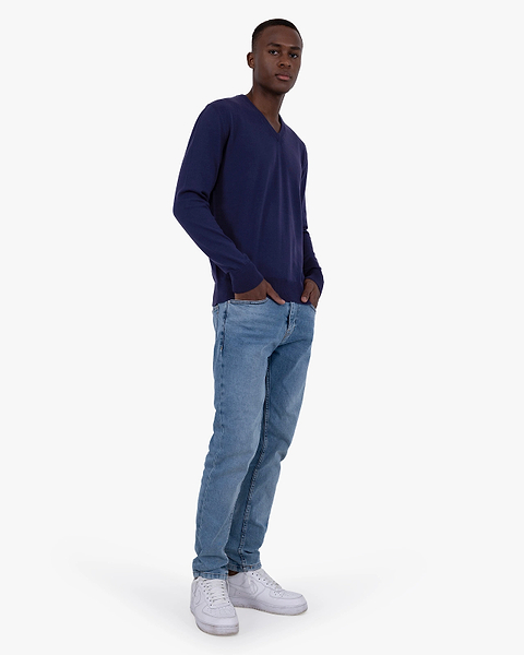 Men's Giza V-Neck Sweater - Night Blue Cotone