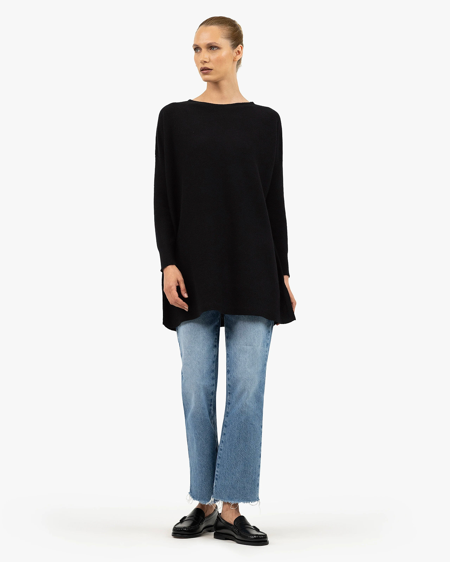 Palazzo Maxi Boat Neck Sweater - Black Cashmere