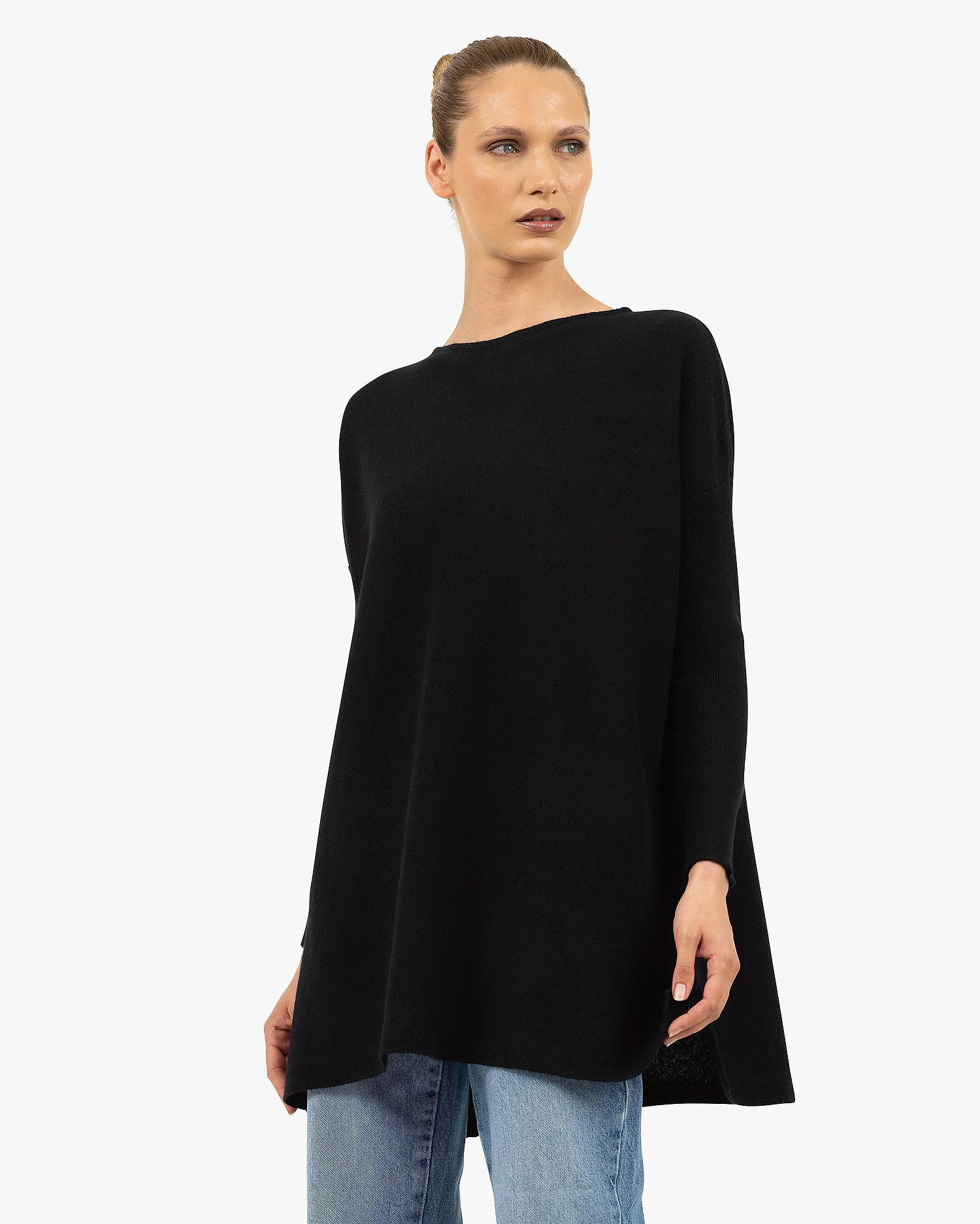 Palazzo Maxi Boat Neck Sweater - Black Cashmere