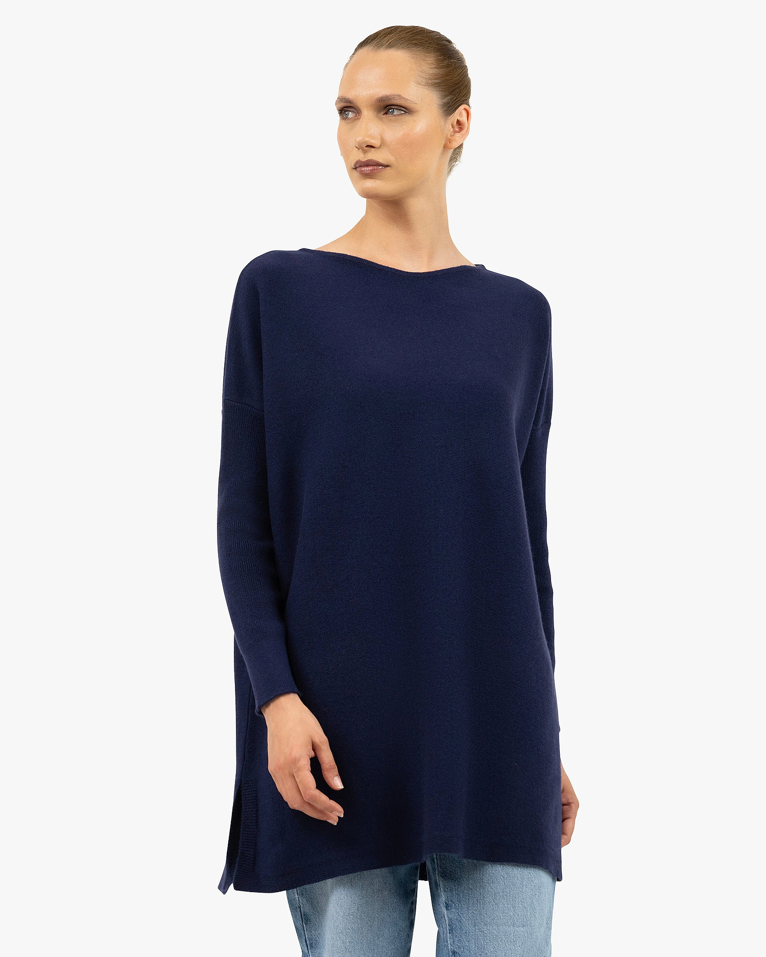 Palazzo Maxi Boat Neck Sweater - Blue Cashmere