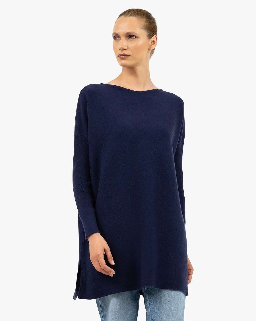 Palazzo Maxi Boat Neck Sweater - Blue Cashmere