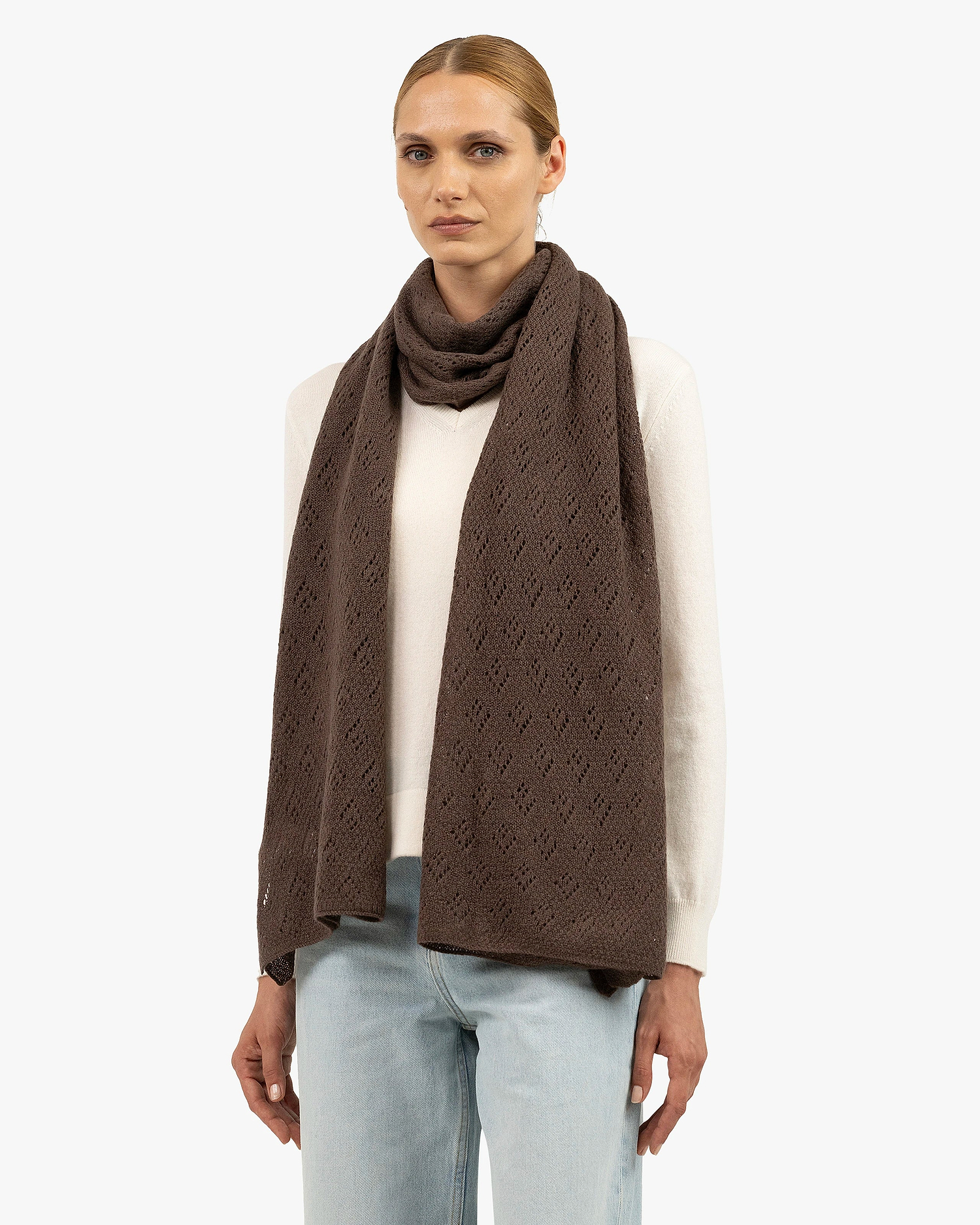 Pointelle Maxi Scarf - Brown Cashmere
