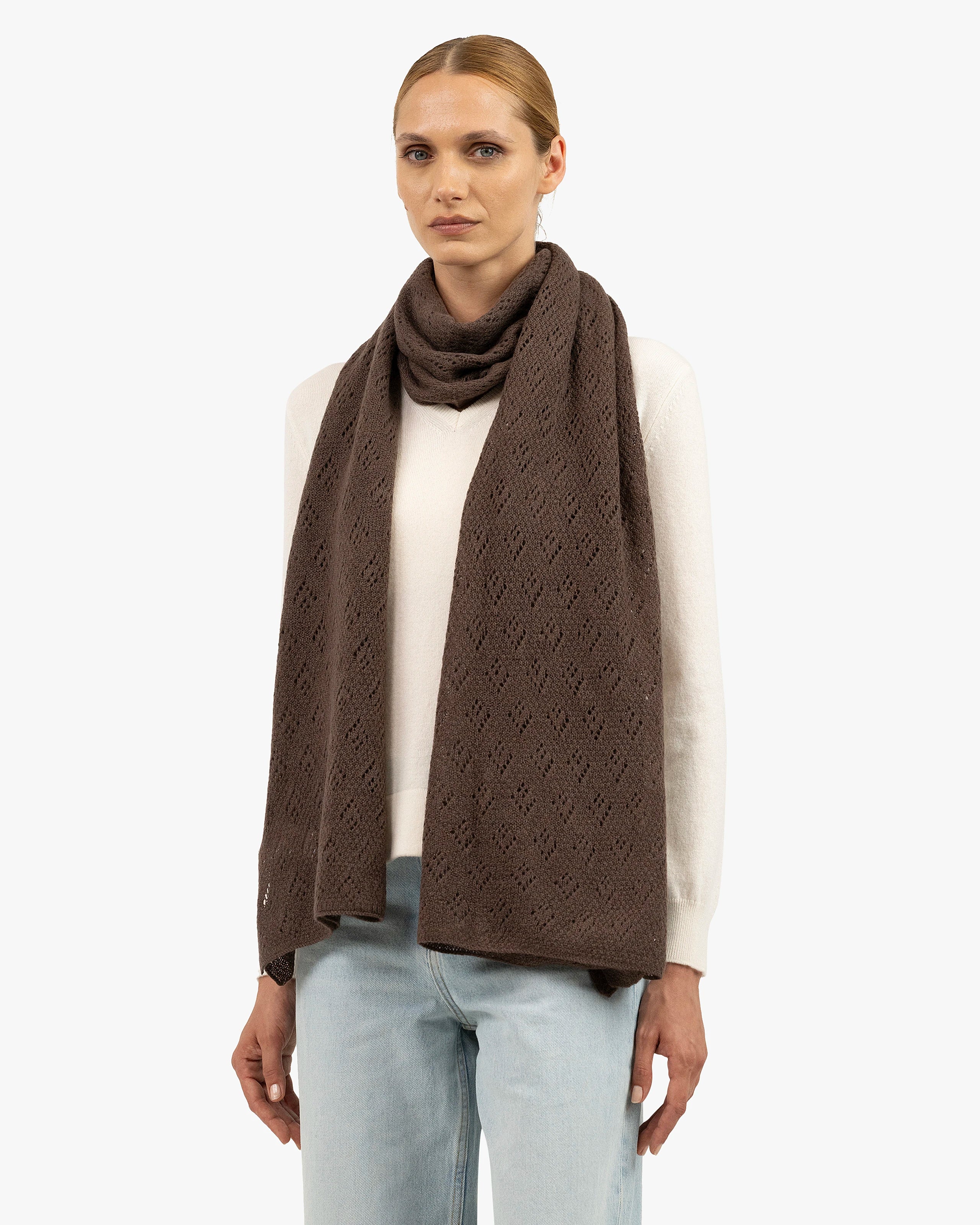 Pointelle Maxi Scarf - Brown Cashmere