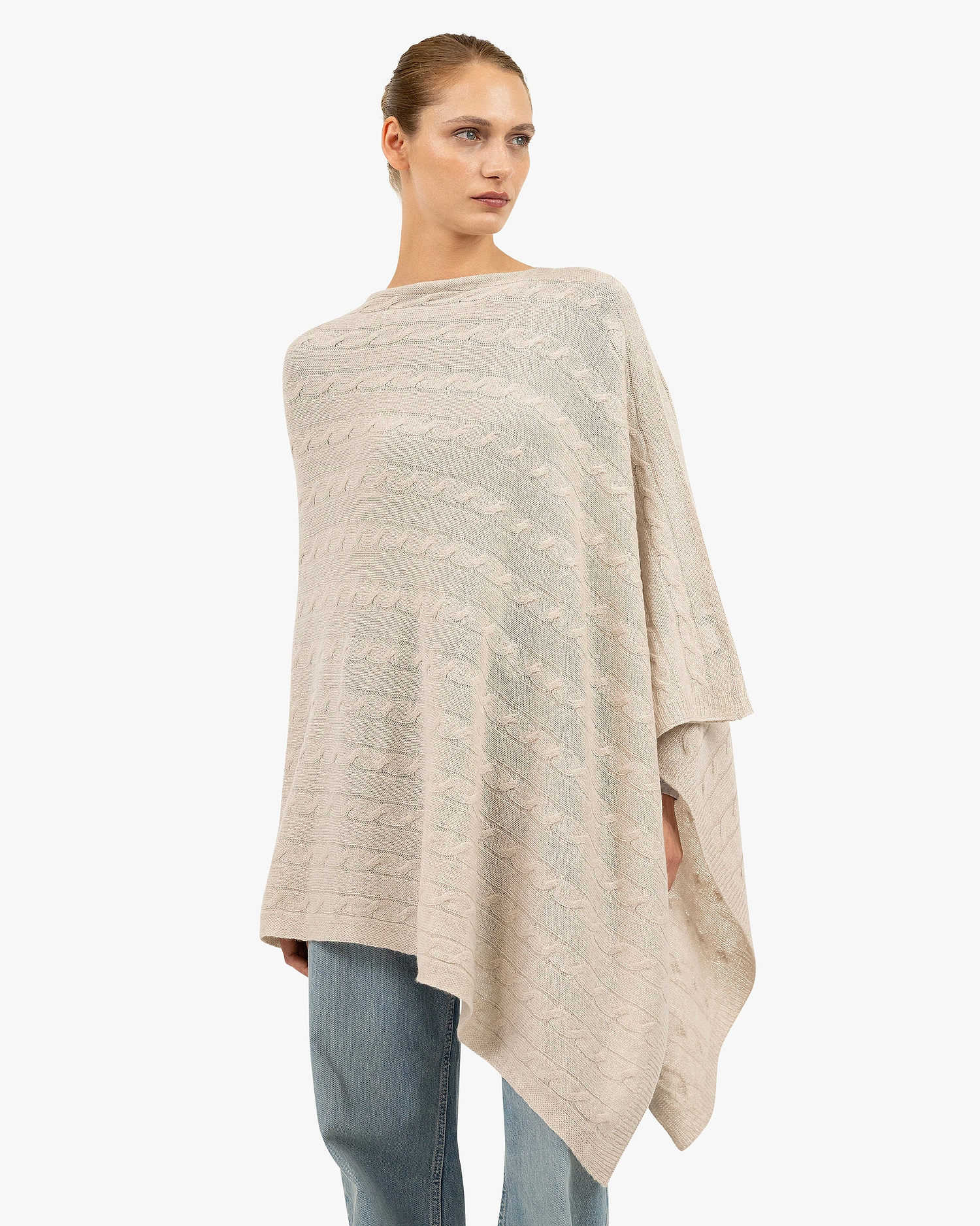 Cable Knit Essential Poncho - Beige Cashmere