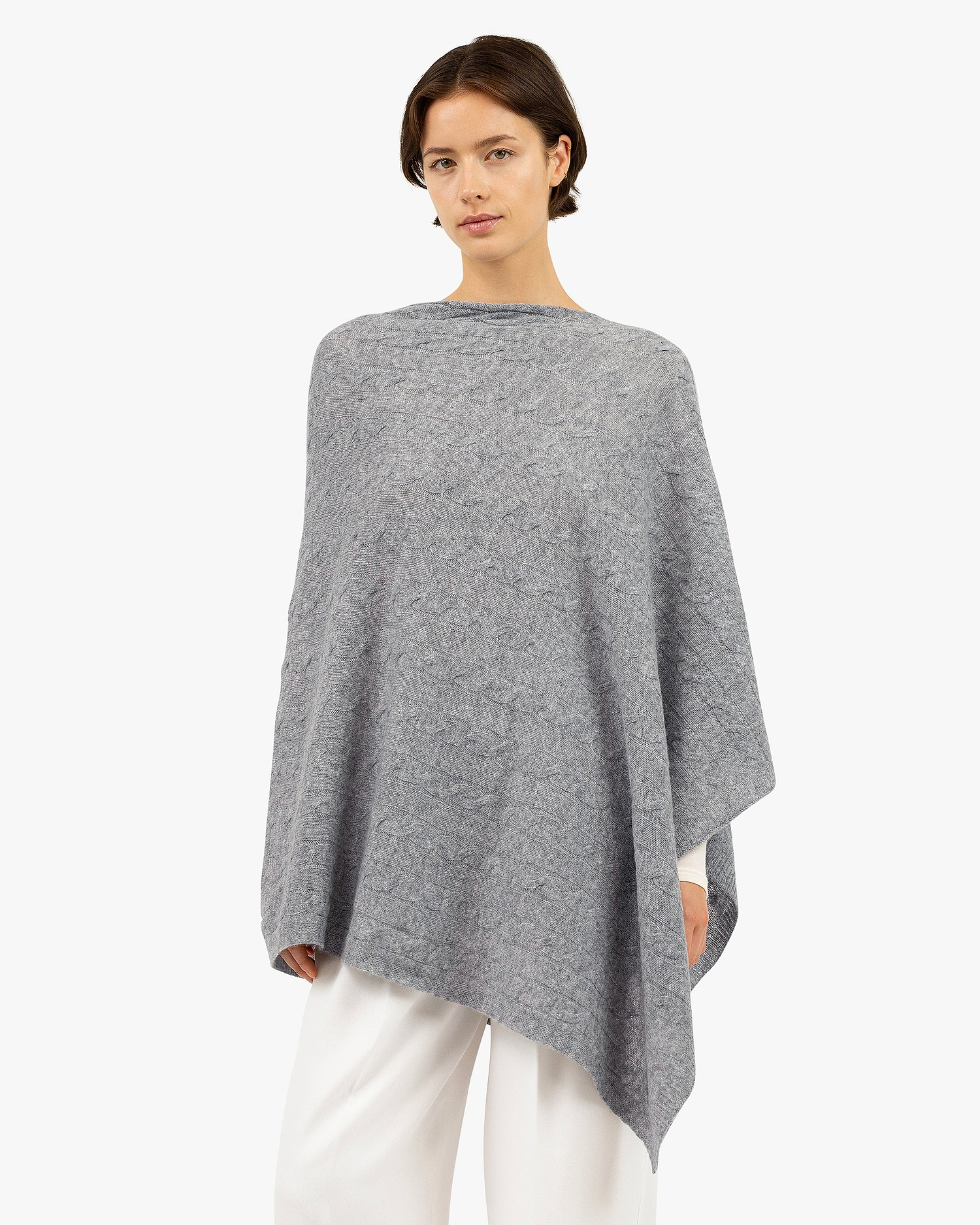 Cable Knit Essential Poncho - Medium Grey Cashmere
