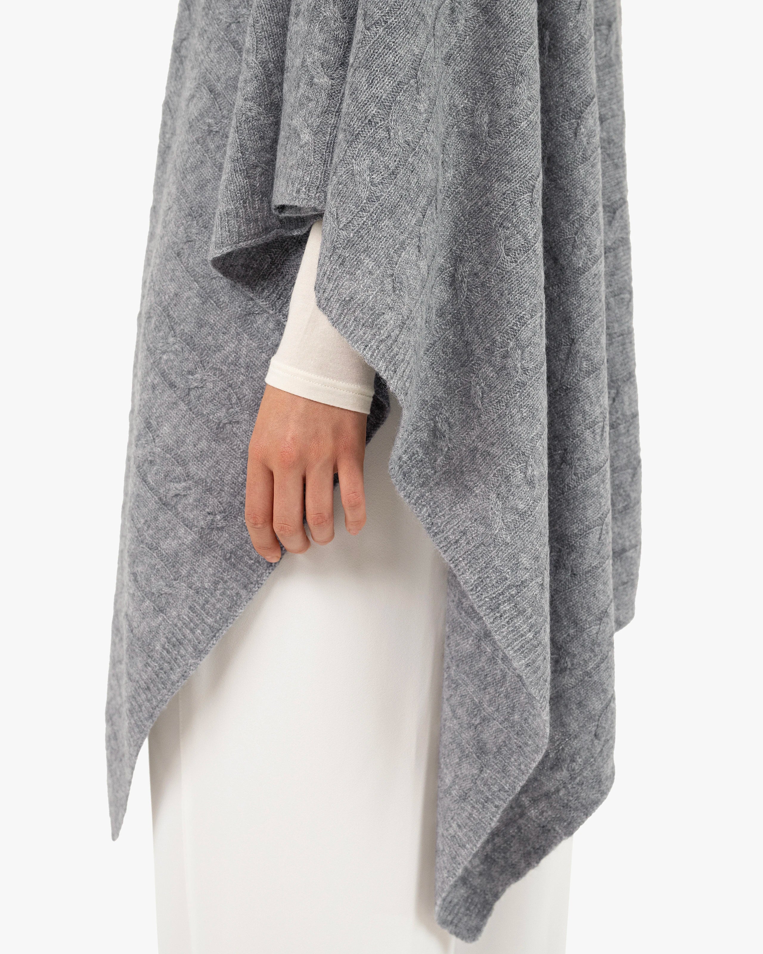 Cable Knit Essential Poncho - Medium Grey Cashmere
