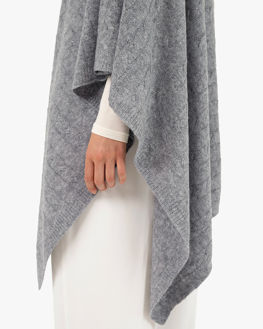 Cable Knit Essential Poncho - Medium Grey Cashmere
