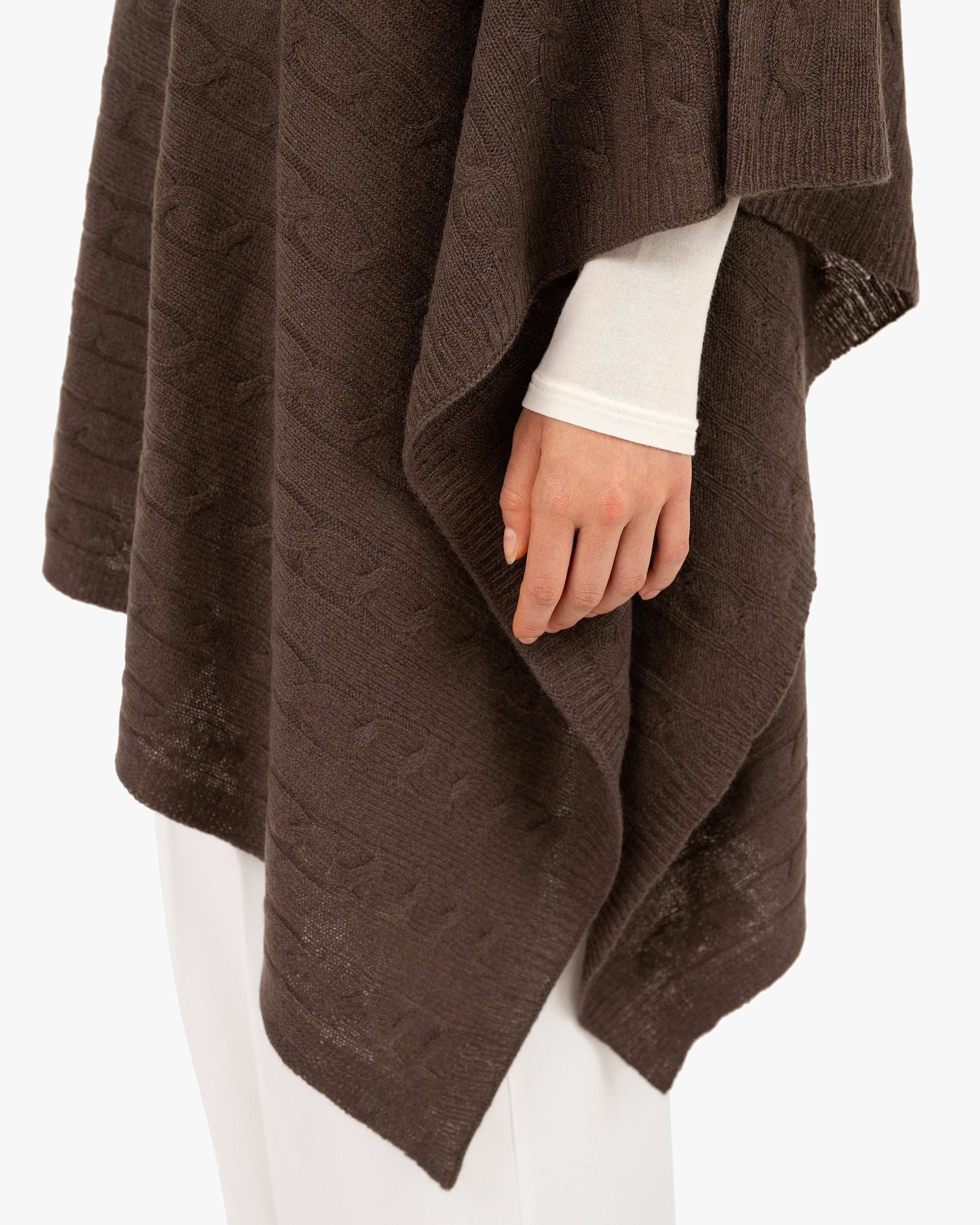 Cable Knit Essential Poncho - Brown Cashmere